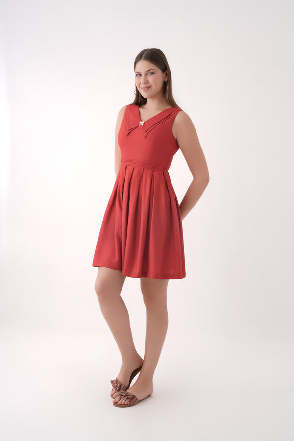 Women Equestrian Red Pleated Modal Midi Dress with Structured Waist