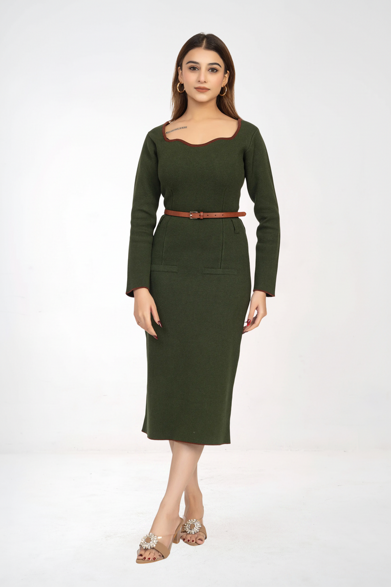 Olive Green Belted Knitted Sheath Dress with a midi length
