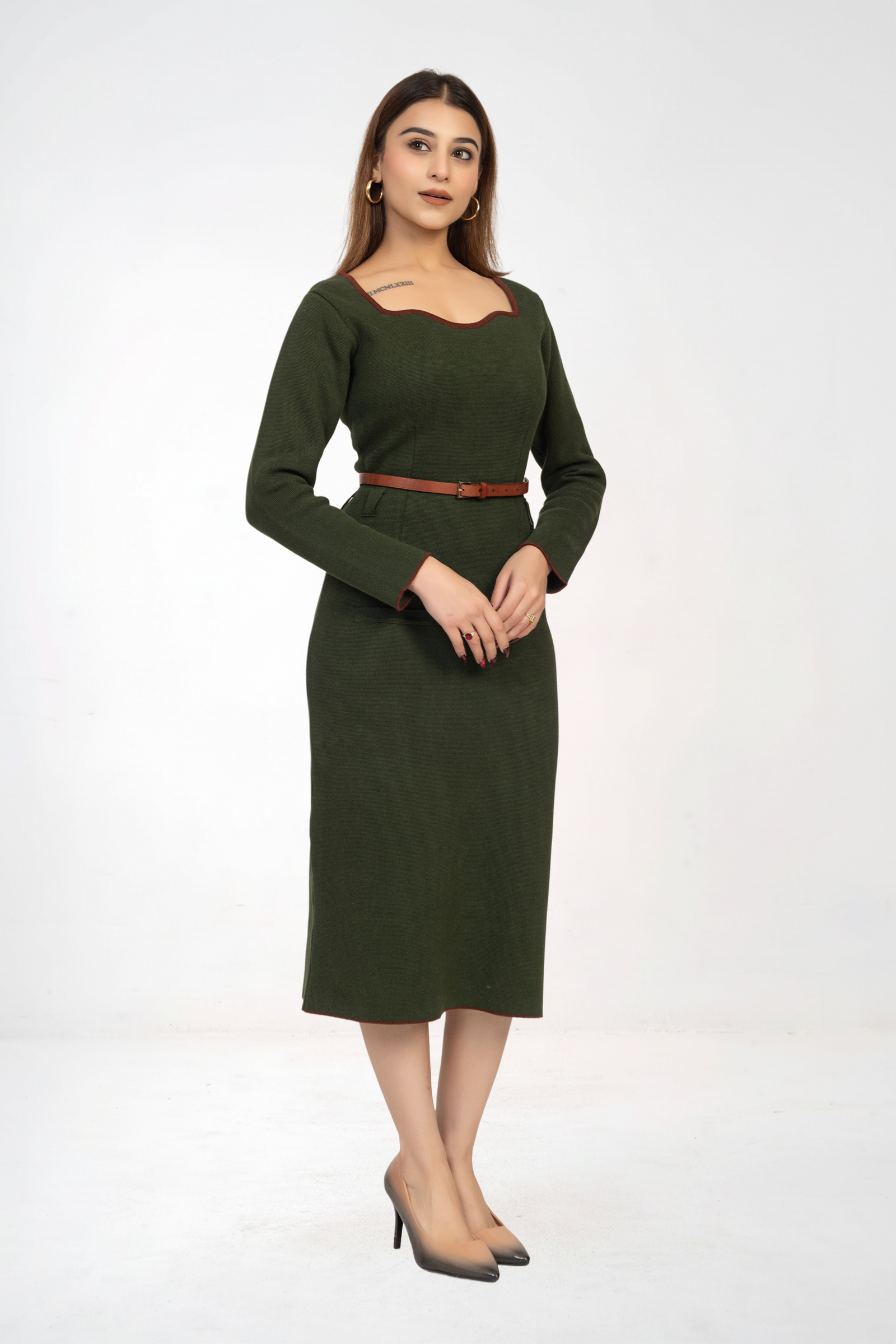 Olive Green Belted Knitted Sheath Dress with a midi length