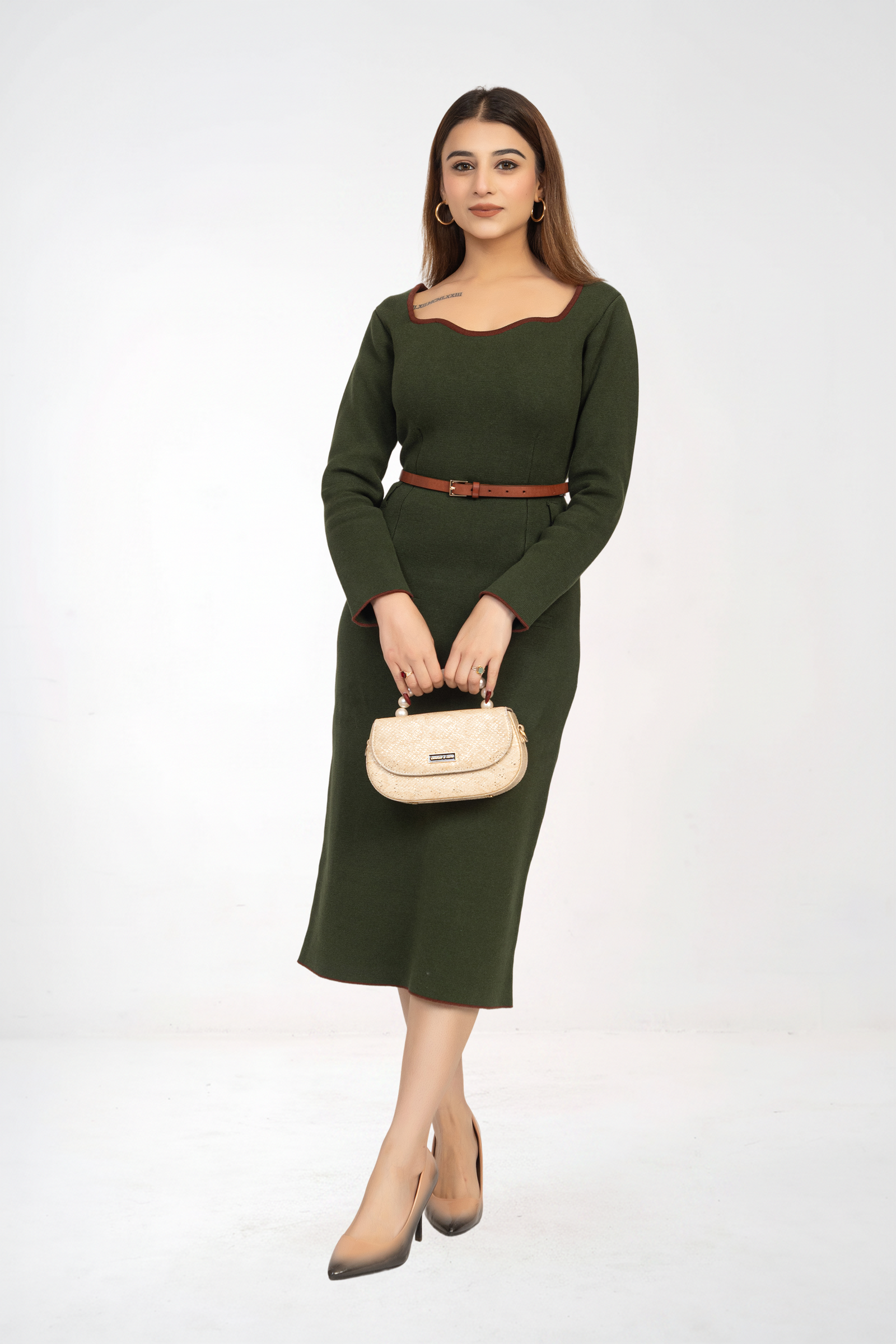 Olive Green Belted Knitted Sheath Dress with a midi length