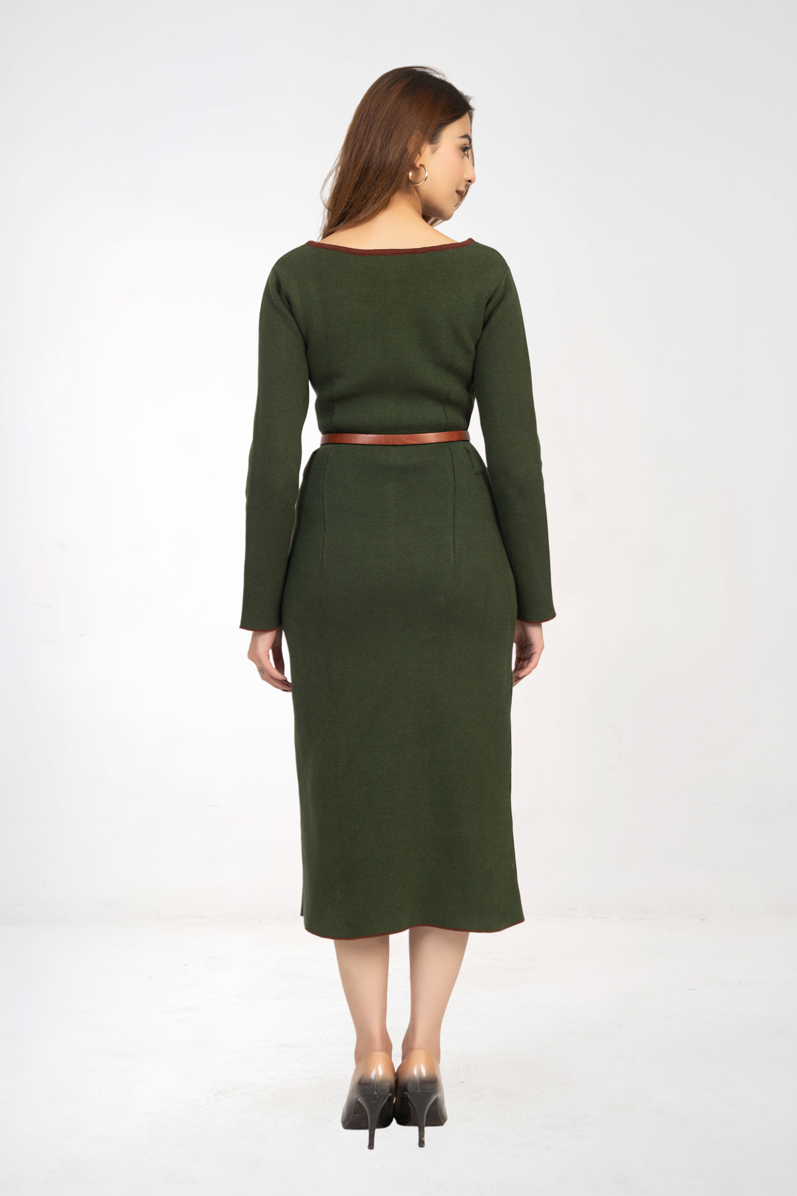 Olive Green Belted Knitted Sheath Dress with a midi length