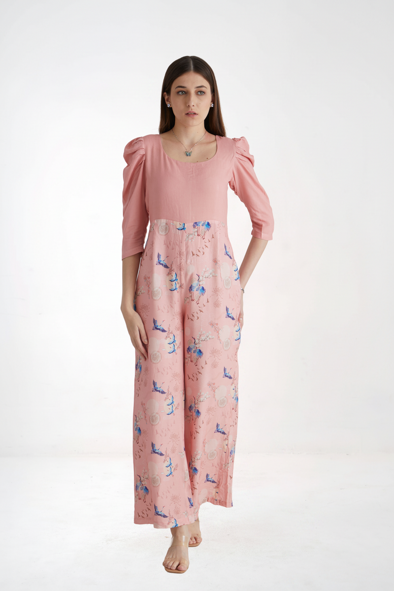 Women Rose Pink Floral Printed Viscose Rayon Jumpsuit