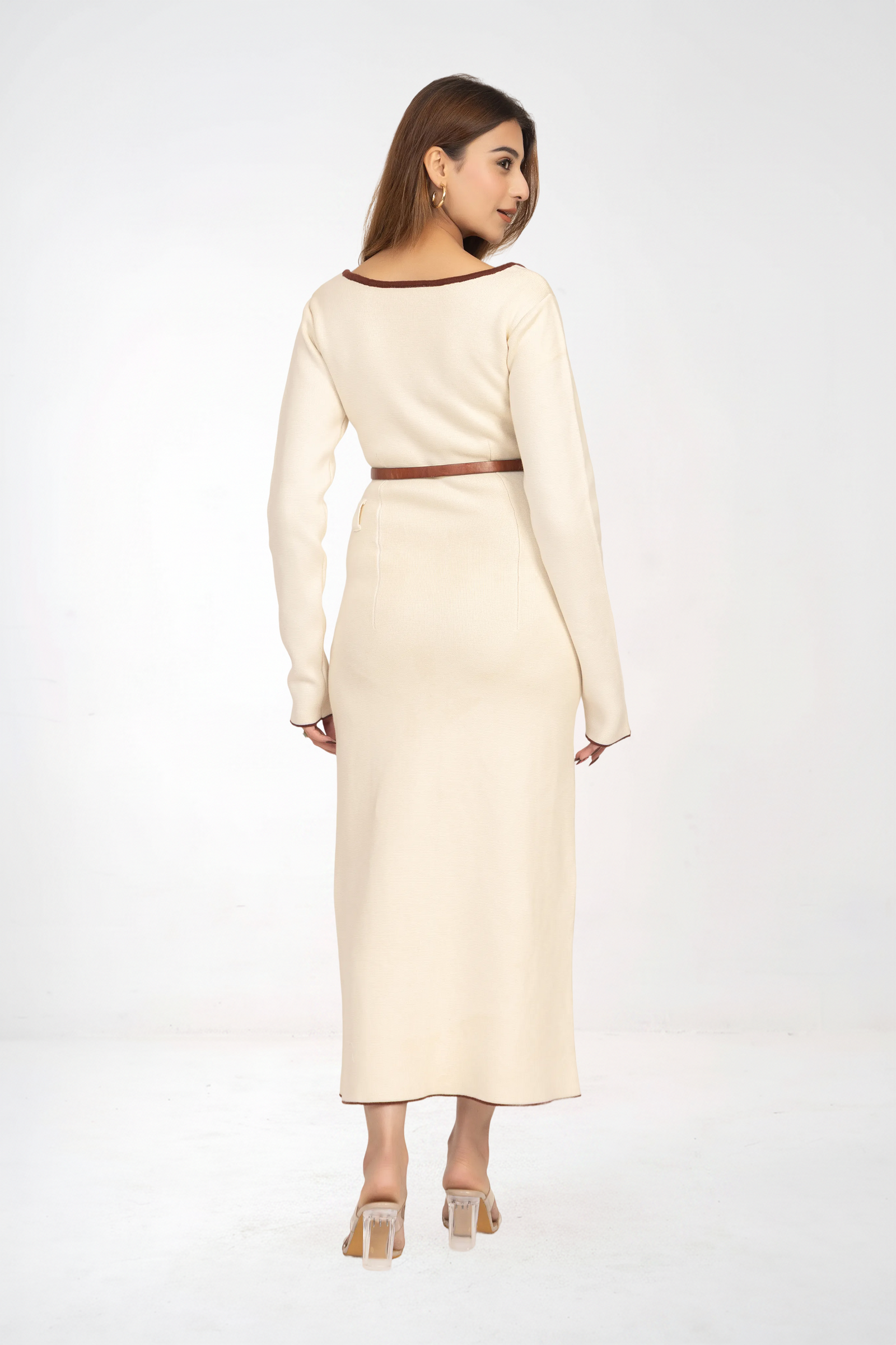 Off White Belted Knitted Sheath Dress with a midi length