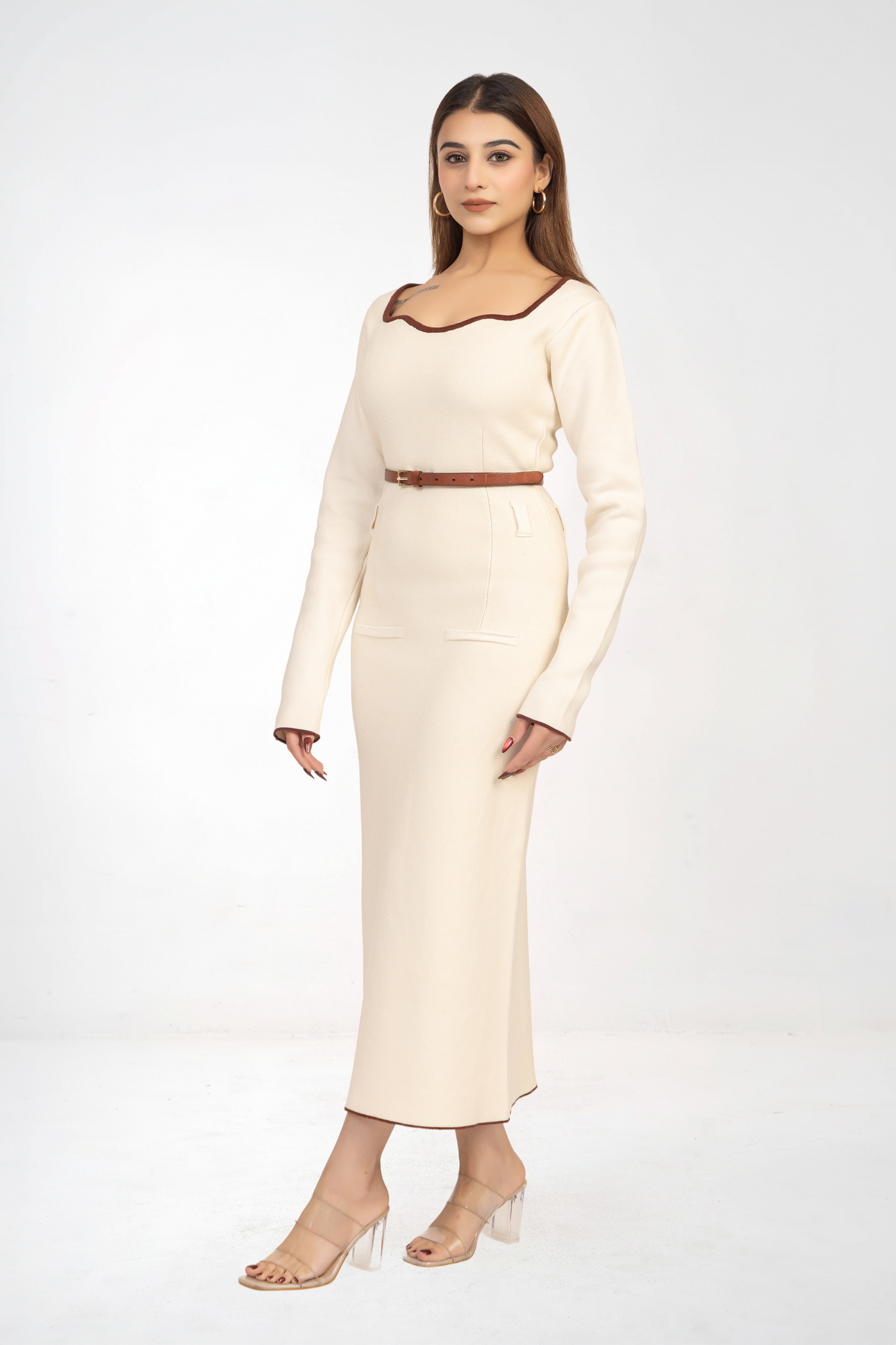 Off White Belted Knitted Sheath Dress with a midi length