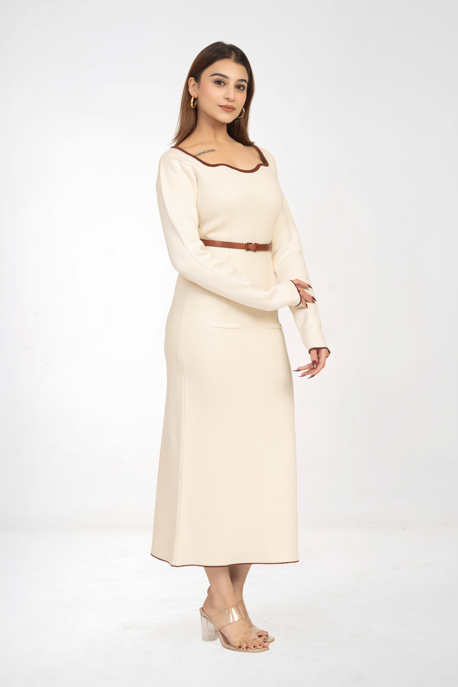 Off White Belted Knitted Sheath Dress with a midi length