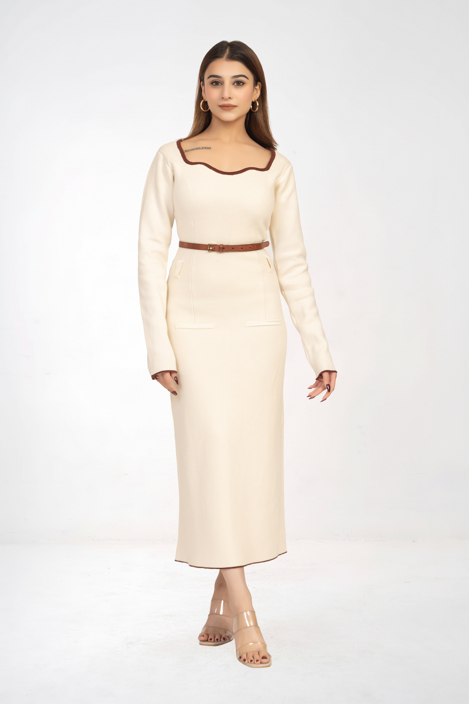 Off White Belted Knitted Sheath Dress with a midi length