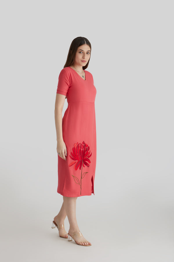 Embroidered Bodycon Dress Coral Pink