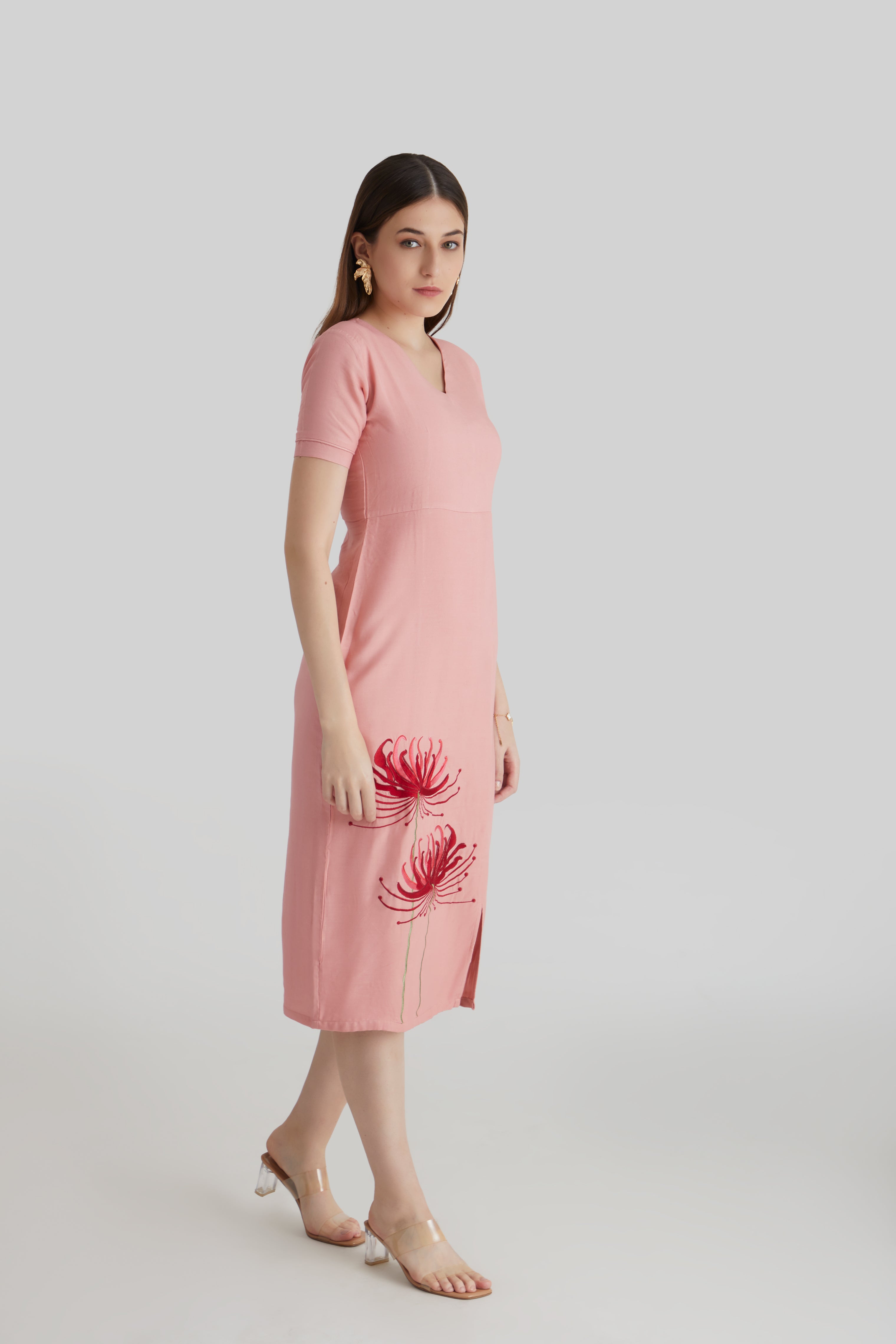 Embroidered Bodycon Dress Coral Pink
