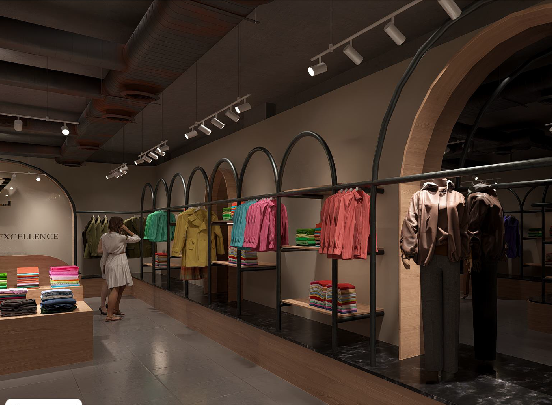 Clothing store interior with racks of clothes and a customer browsing.