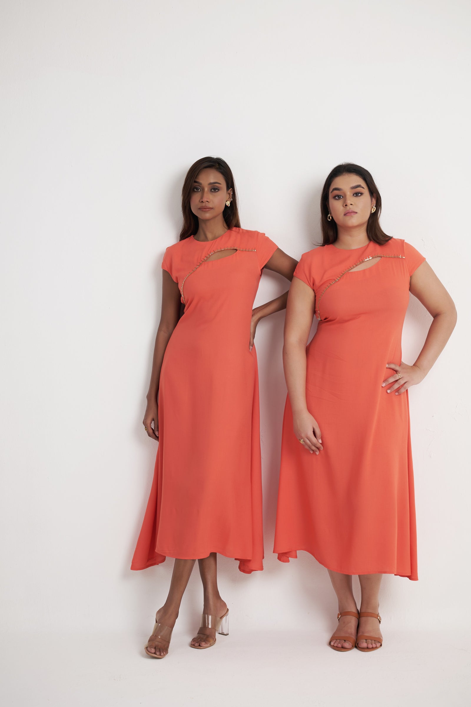 Asymmetric Panel Modal Maxi Dress in Corel Pink shown on two models