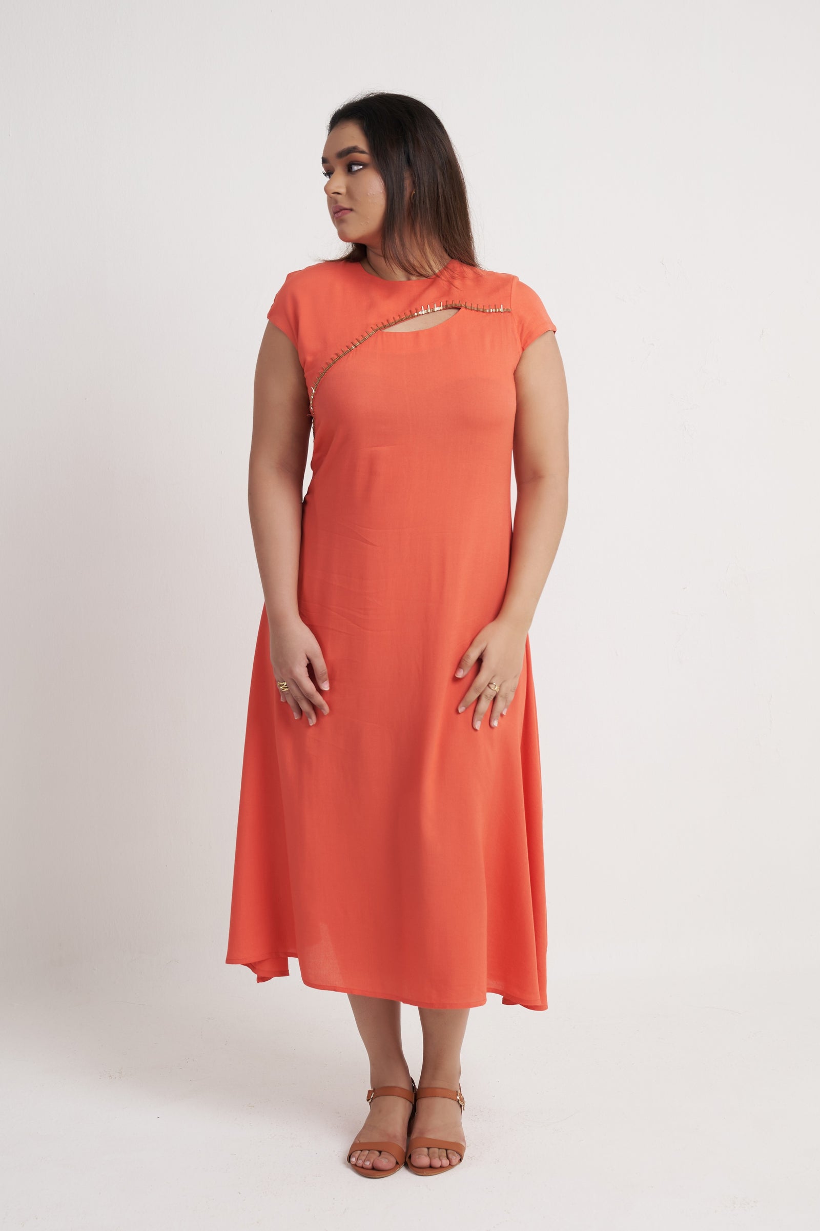 Women Corel Pink Asymmetric Panel Modal Maxi Dress with Cap Sleeves