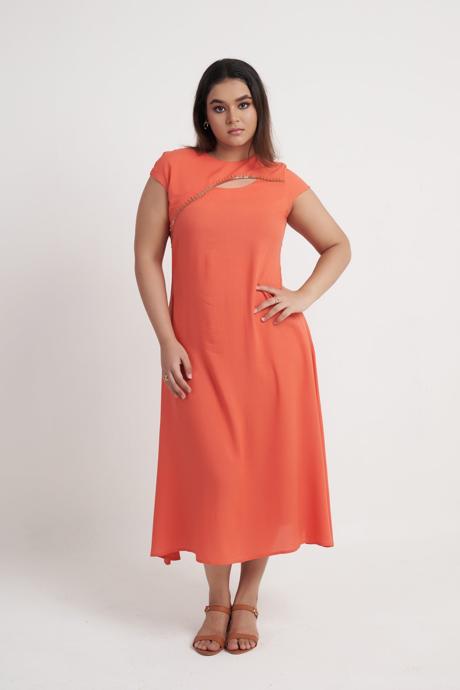 Women Corel Pink Asymmetric Panel Modal Maxi Dress front view