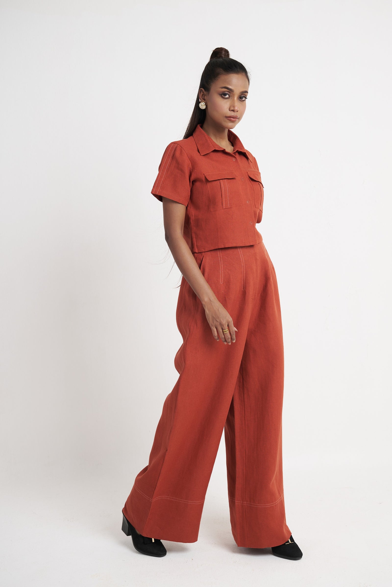 Contrast stitch wide leg trouser for women in picante full length view