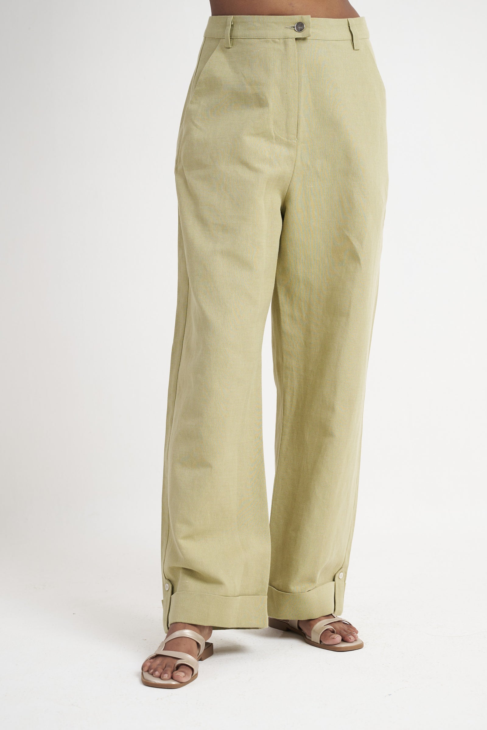 Cuff detail tailored trouser for women in sage green front view