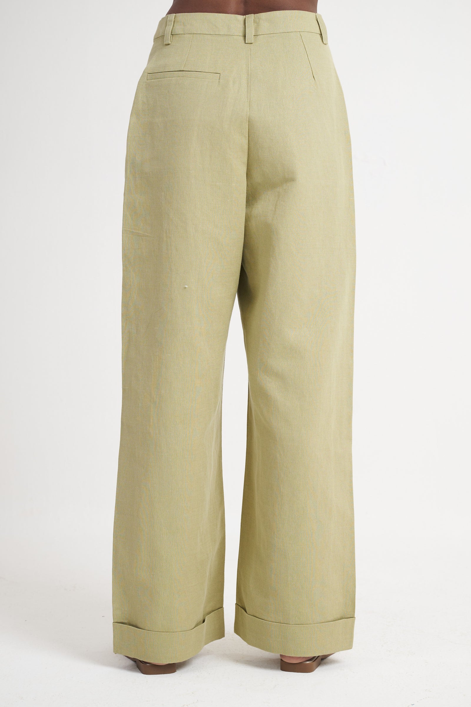 Cuff detail tailored trouser for women in sage green full length view
