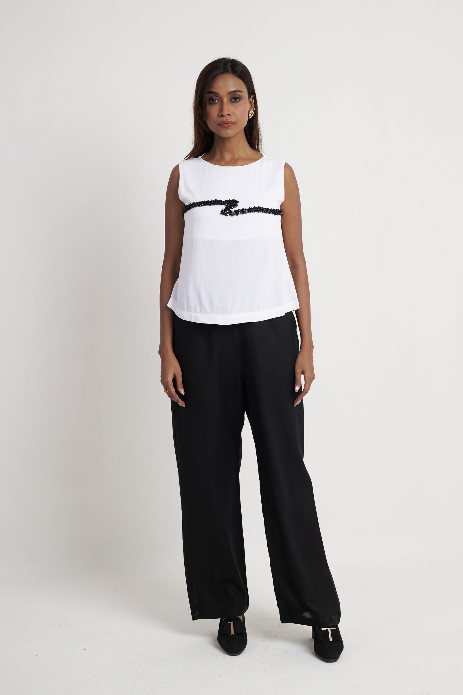 Beaded embroidered sleeveless top for women in bright white