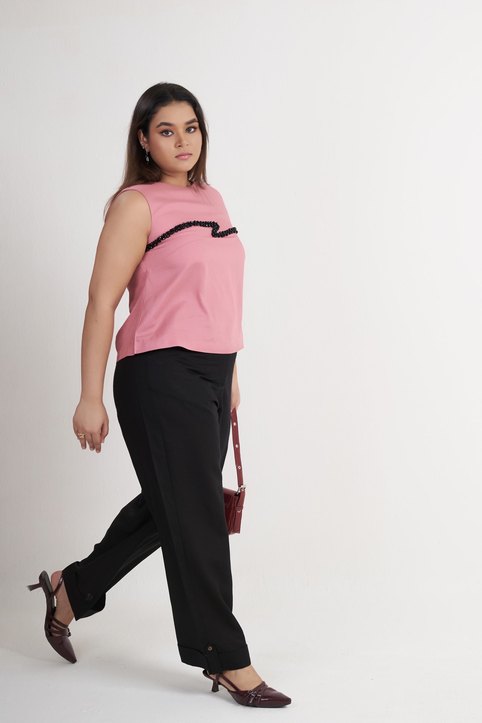 Beaded embroidered sleeveless top for women in dusty rose side view