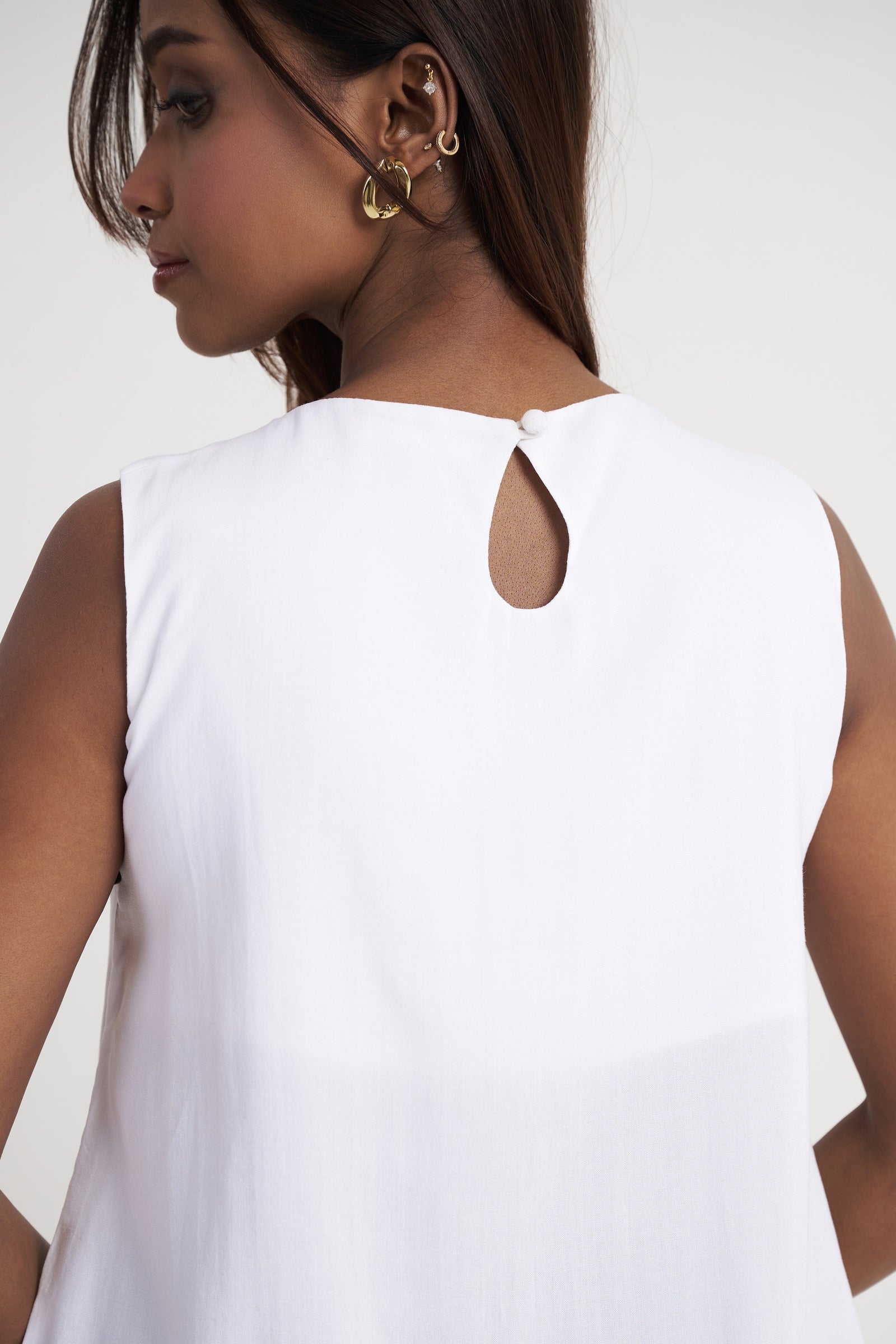 Keyhole button back detail on bright white embroidered top