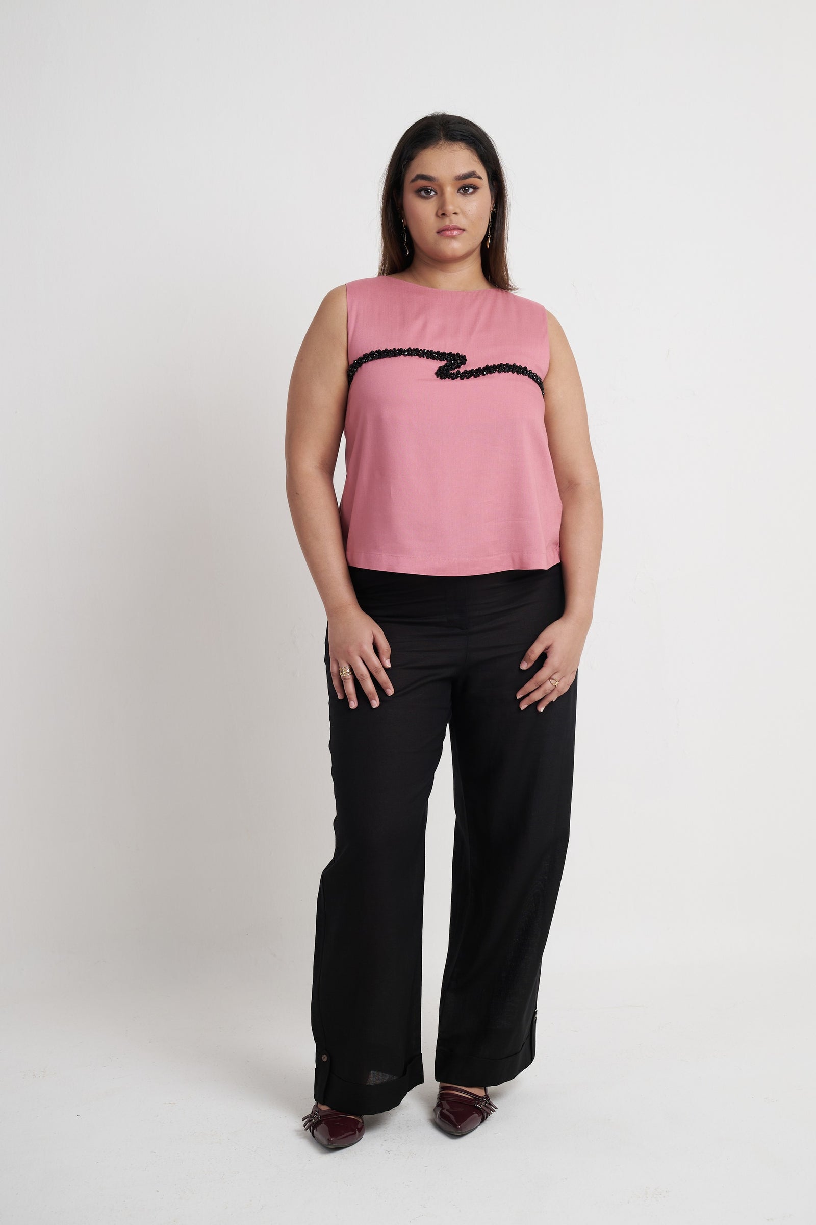 Beaded embroidered sleeveless top for women in dusty rose