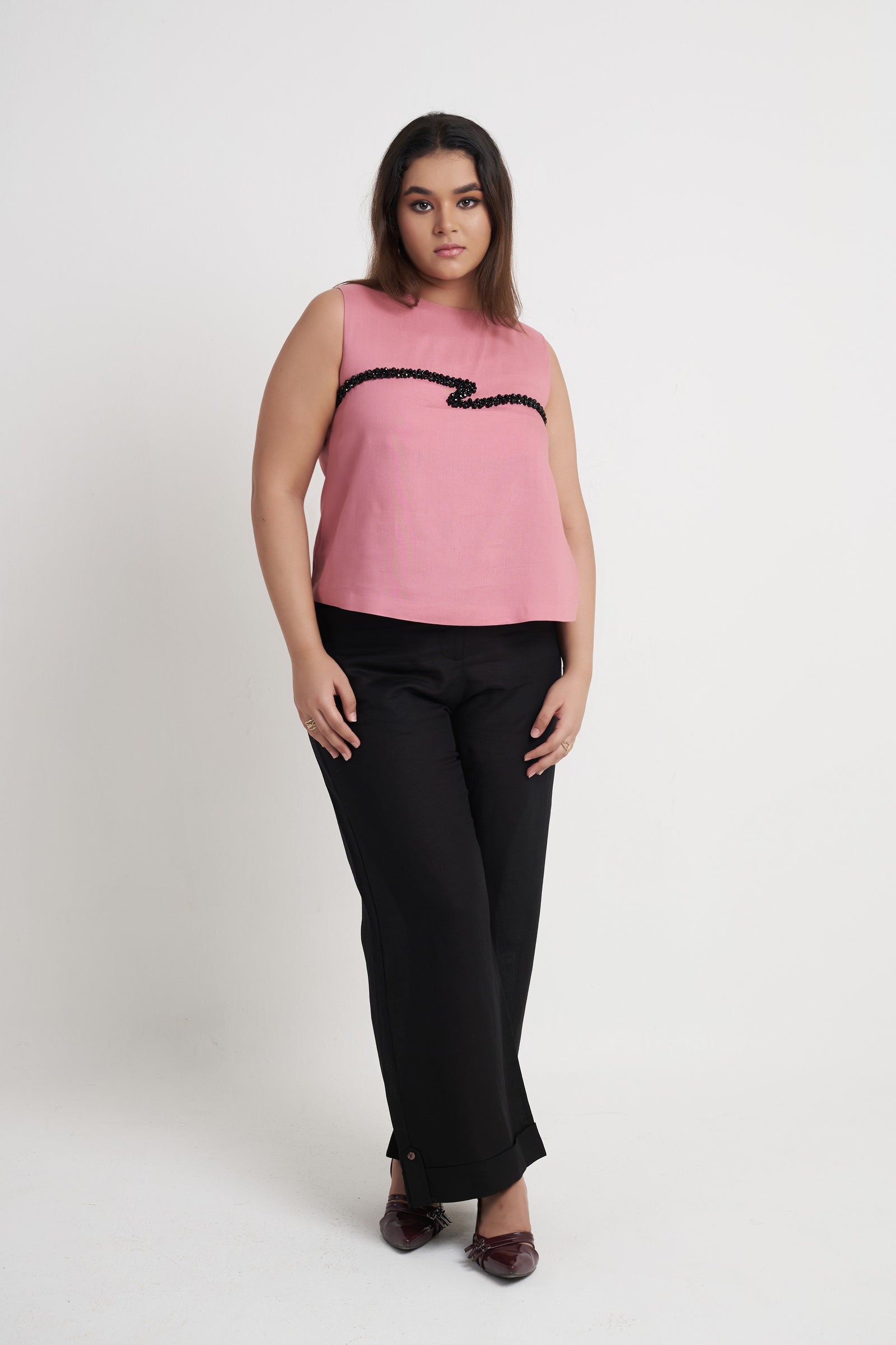 Beaded embroidered sleeveless top for women in dusty rose front view