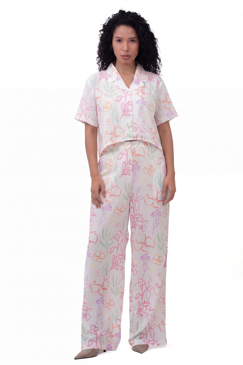Flora Co-ord Set - cropped floral shirt with matching wide-leg trousers, front view
