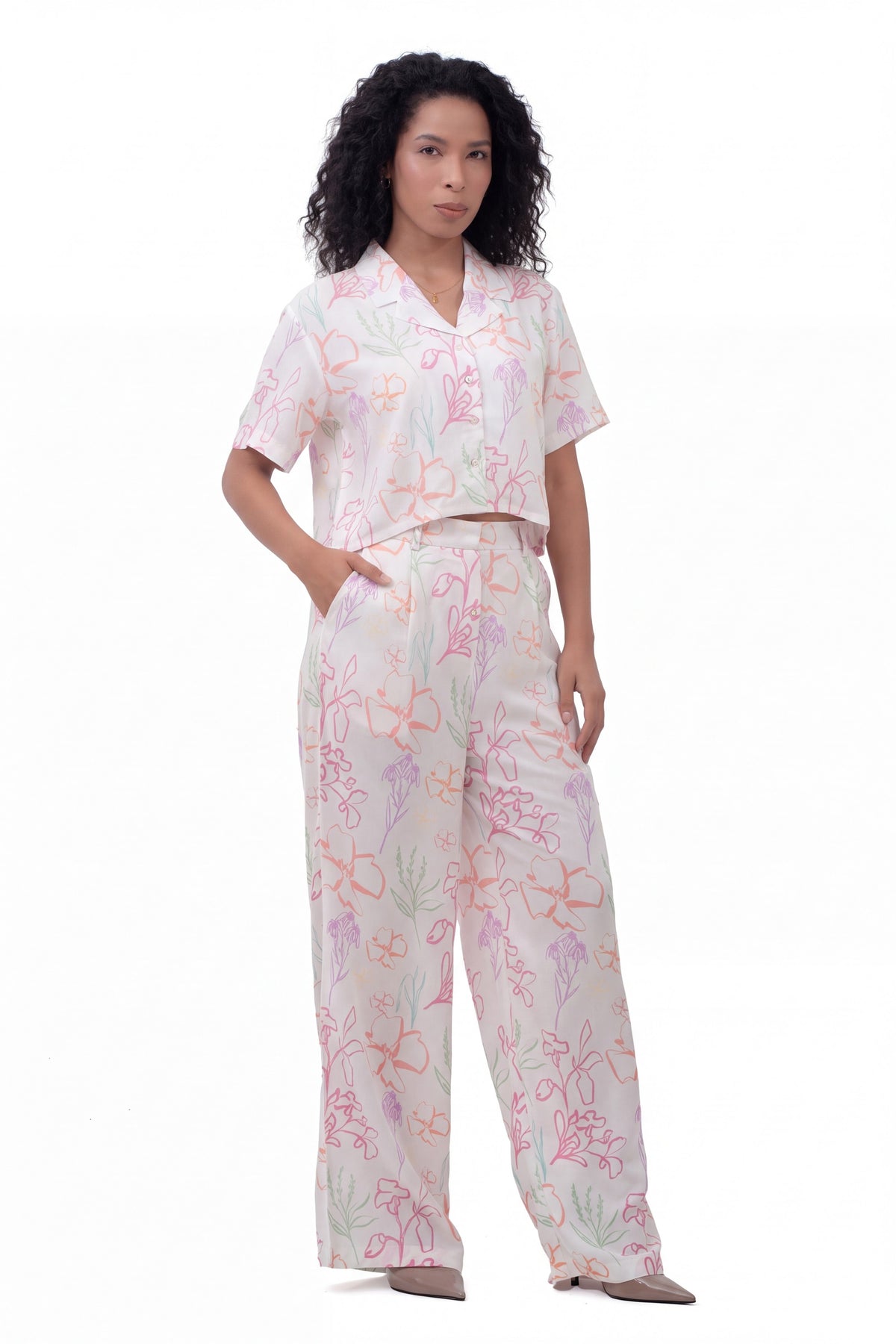 Flora Co-ord Set - cropped floral shirt with matching wide-leg trousers, three-quarter view