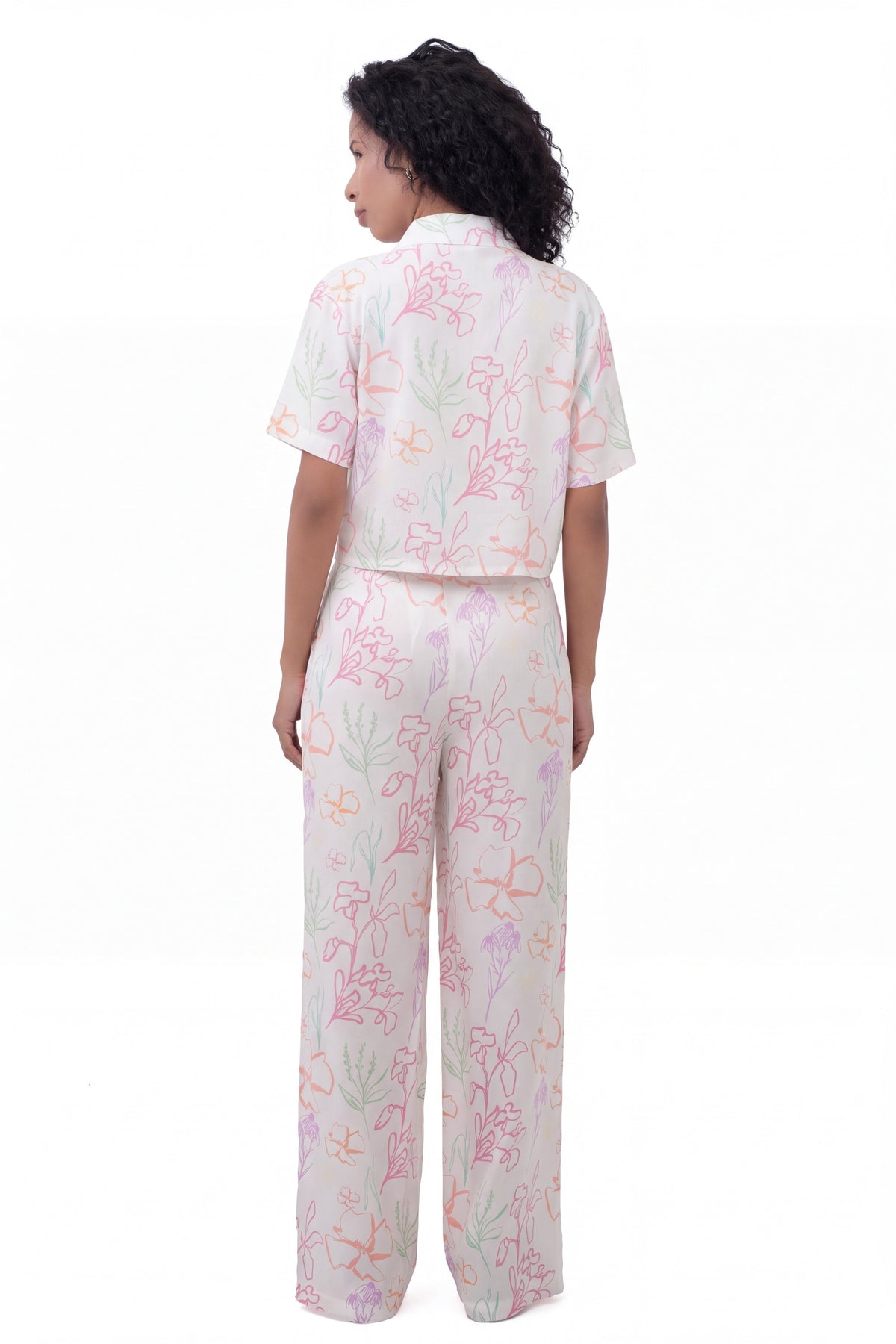 Flora Co-ord Set - cropped floral shirt with matching wide-leg trousers, back view