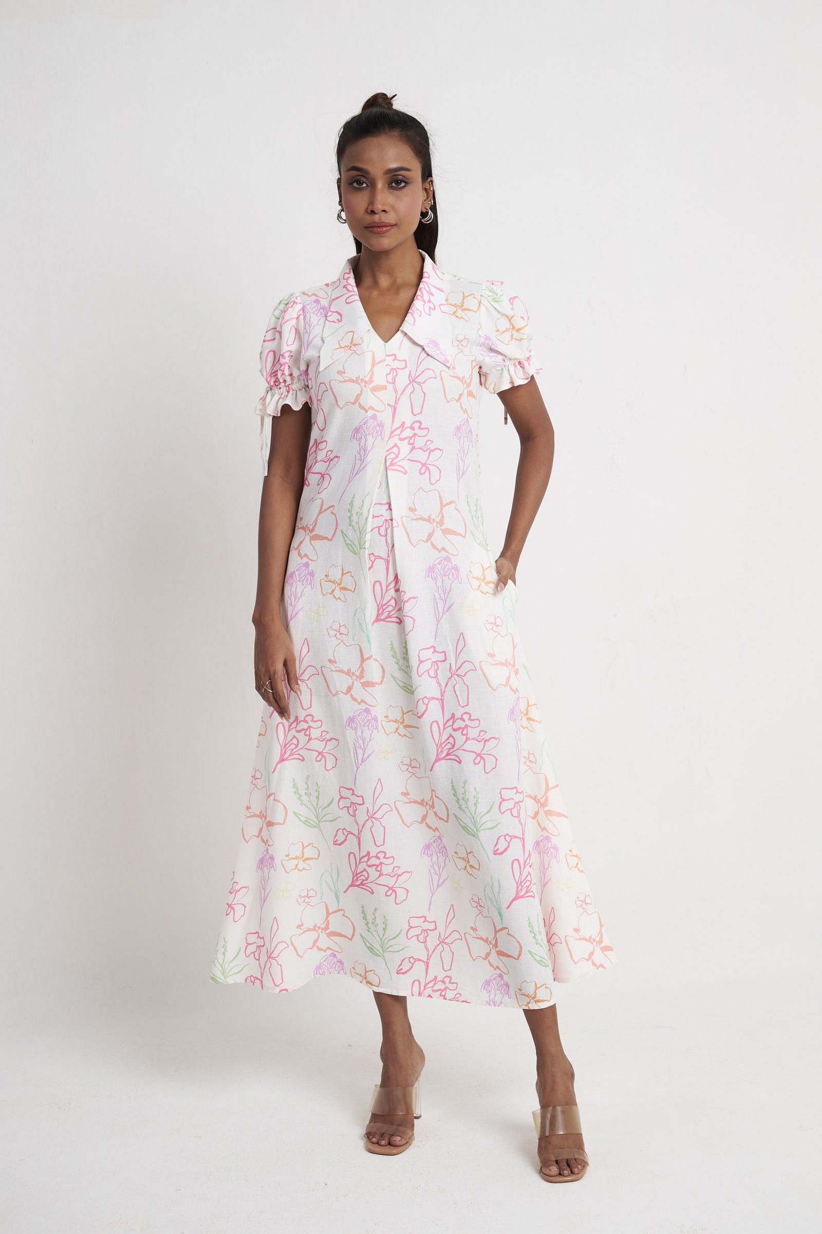 Zykaz Flora Pleat Midi Dress in bright white floral print — front view