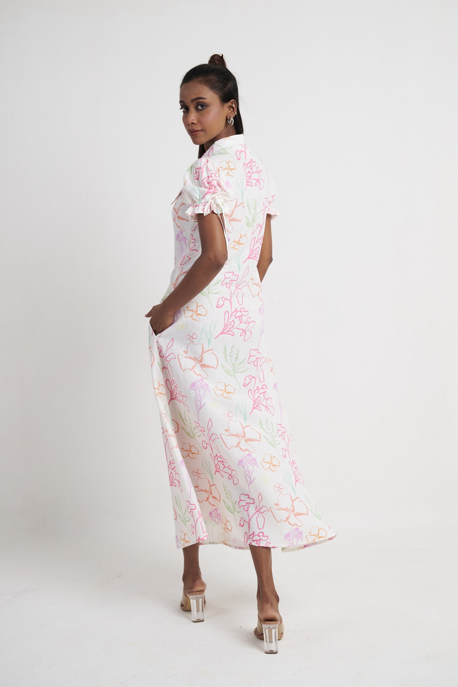 Zykaz Flora Pleat Midi Dress in bright white floral print — back view