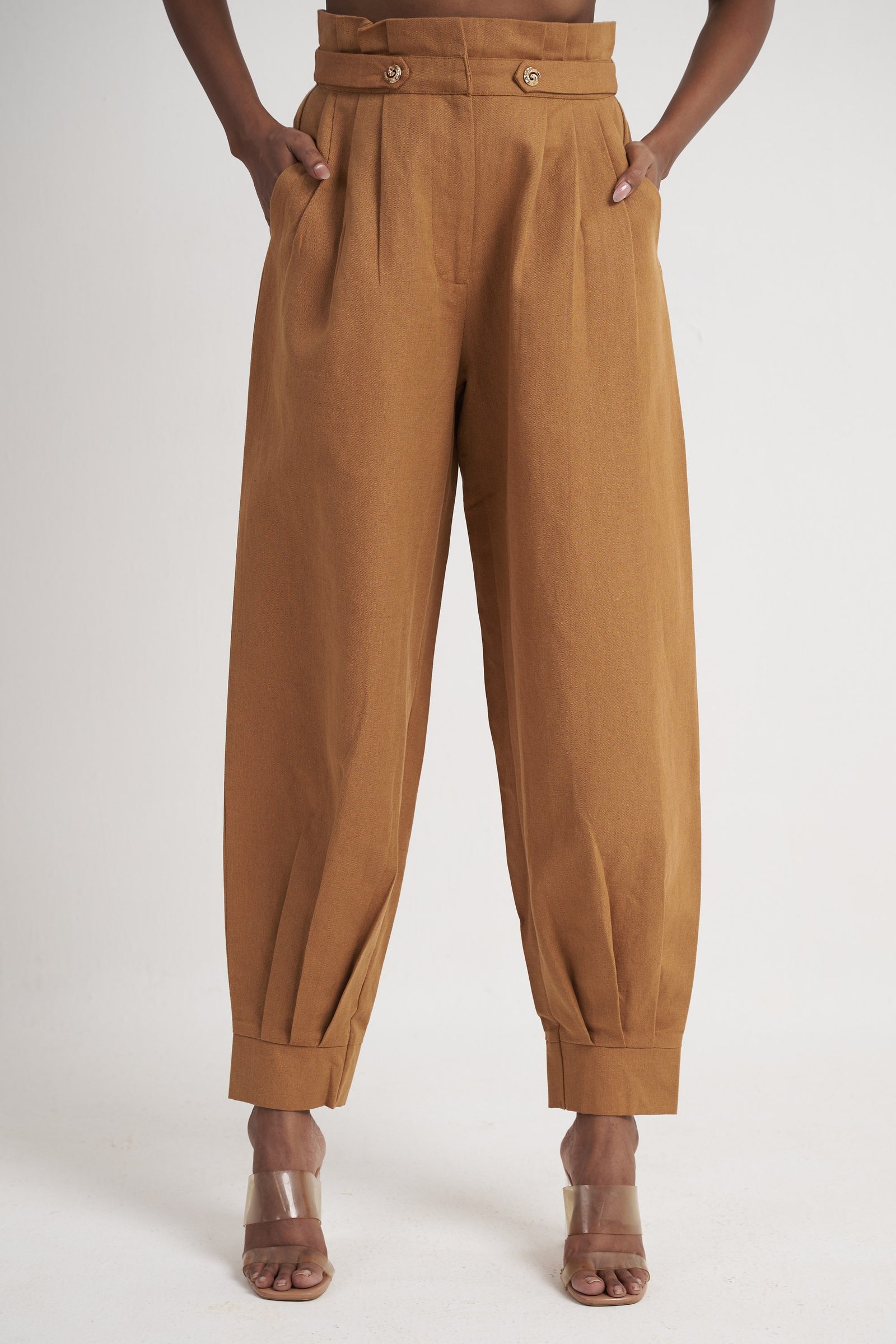 Zykaz High-Rise Pleated Tapered Trouser in Chipmunk — front view