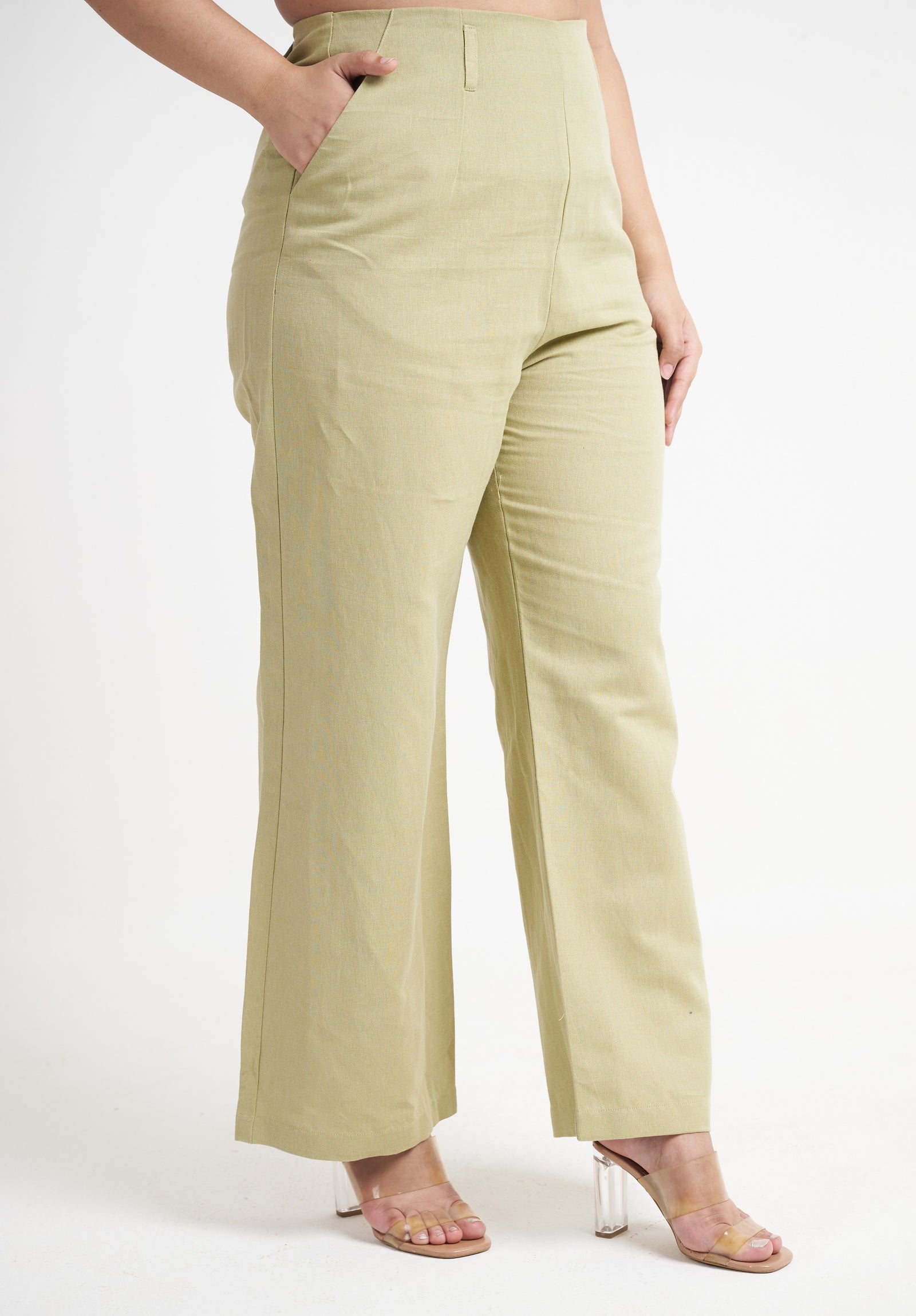 Seamless straight leg trouser for women in sage green side view