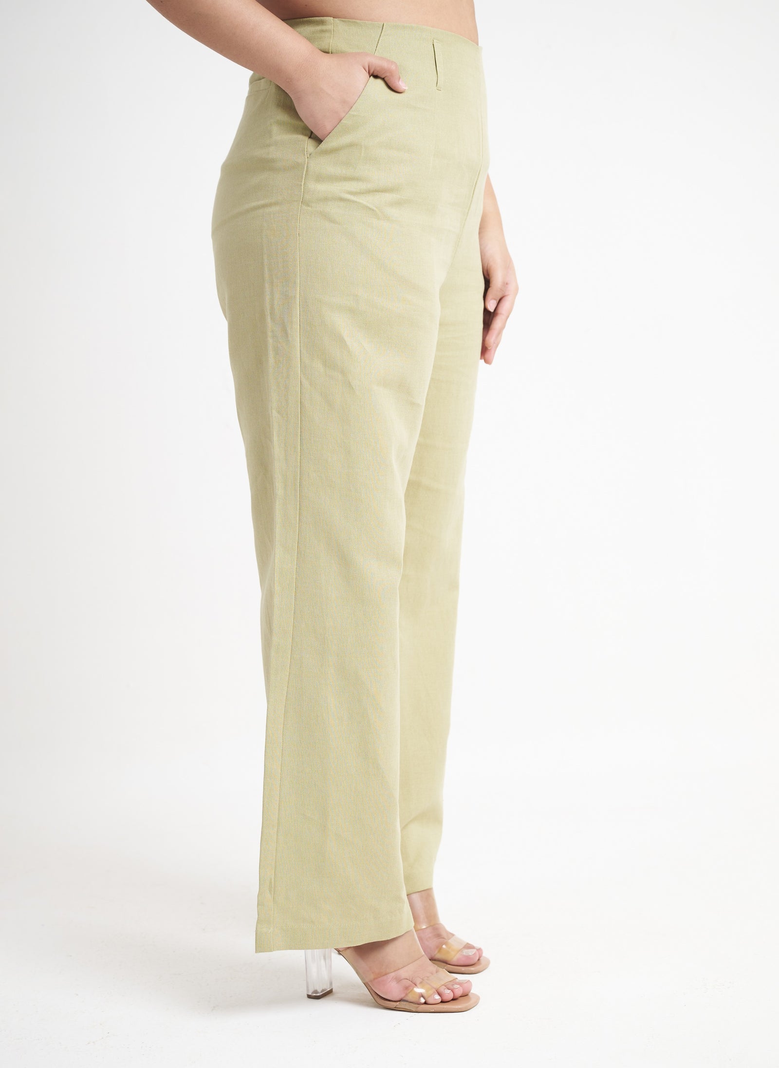 Pocket detail on sage green seamless straight leg trouser