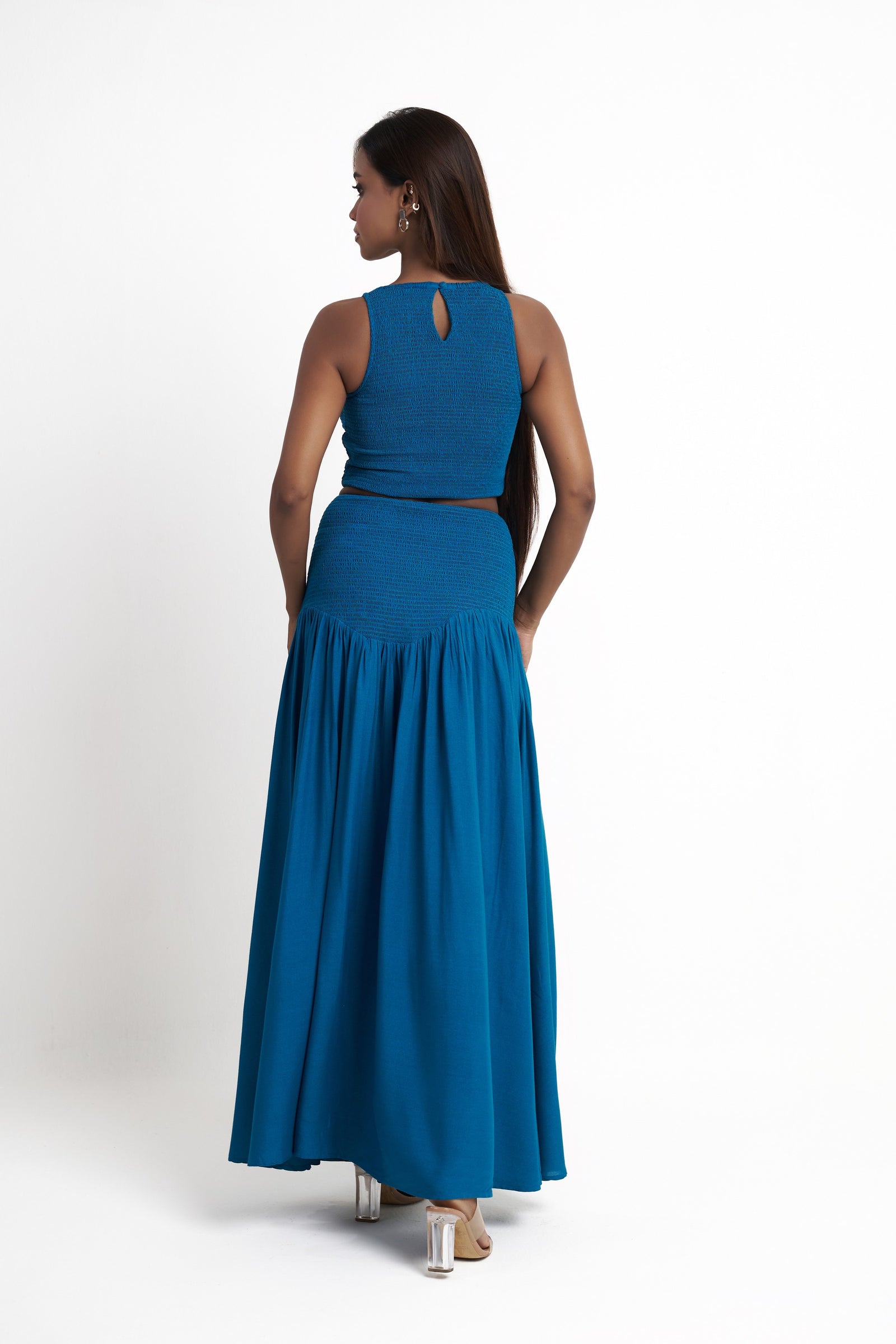 Smocked co-ord set for women in enamel blue back view