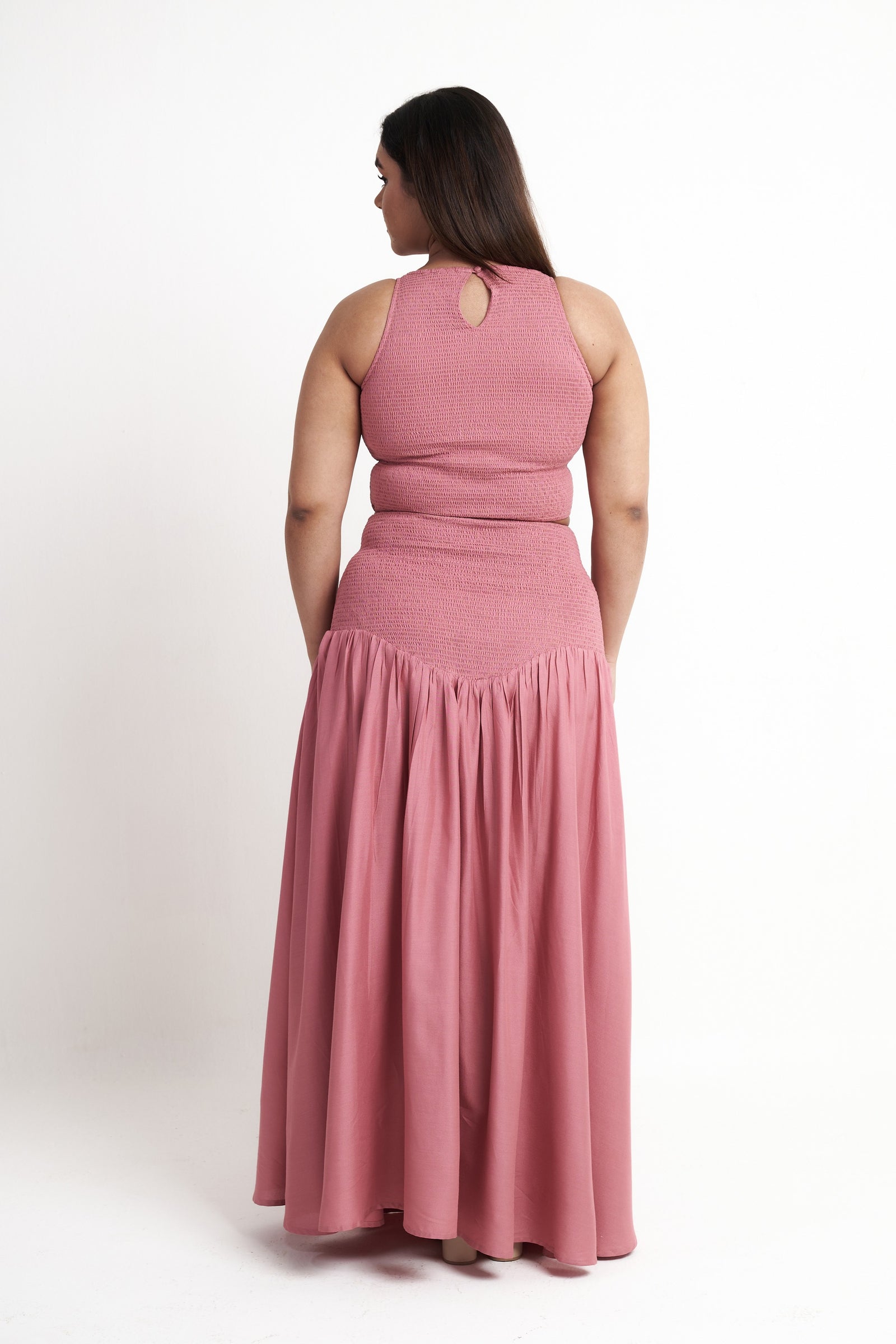 Smocked co-ord set for women in dusty rose back view