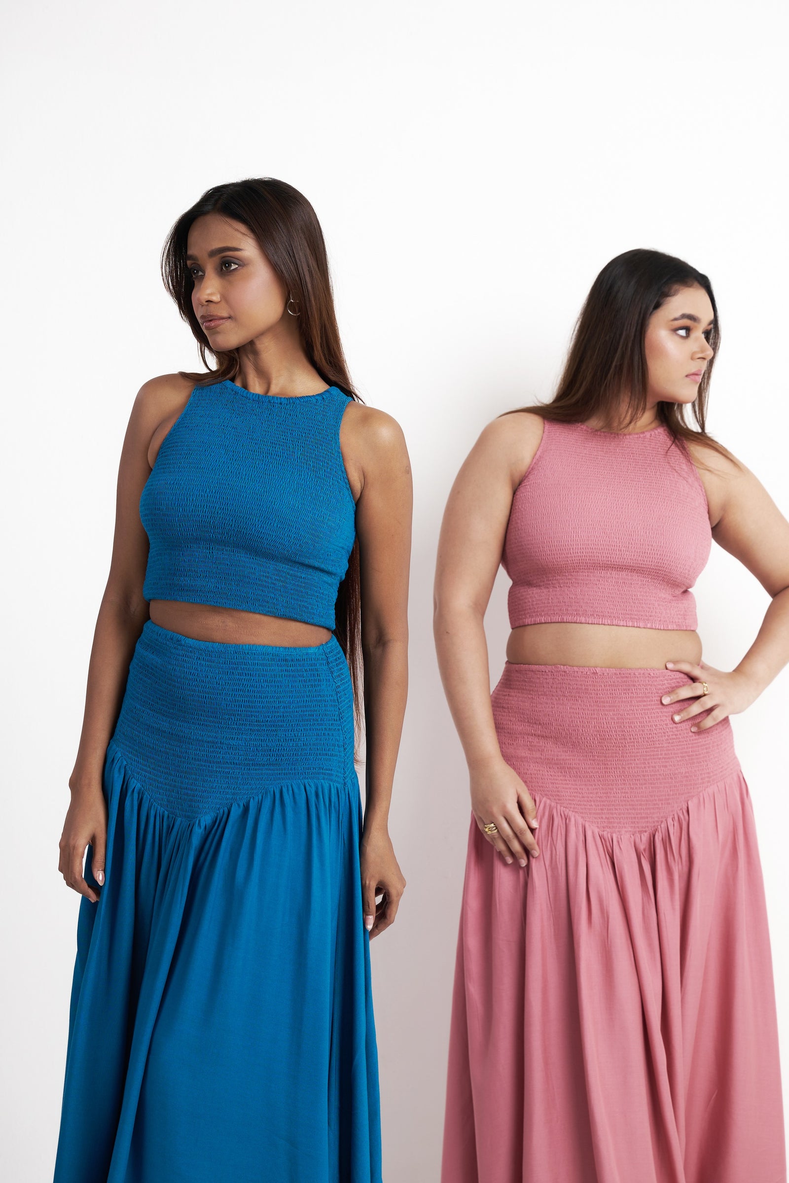 Smocked co-ord set for women shown in enamel blue and dusty rose