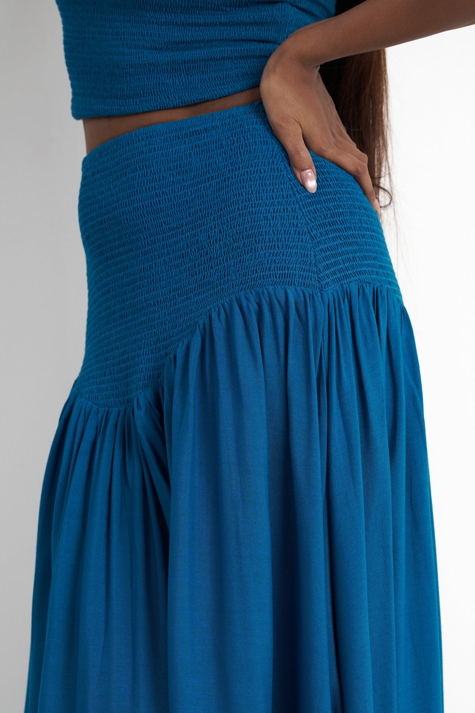 Smocked maxi skirt for women in enamel blue with smocked waist detail