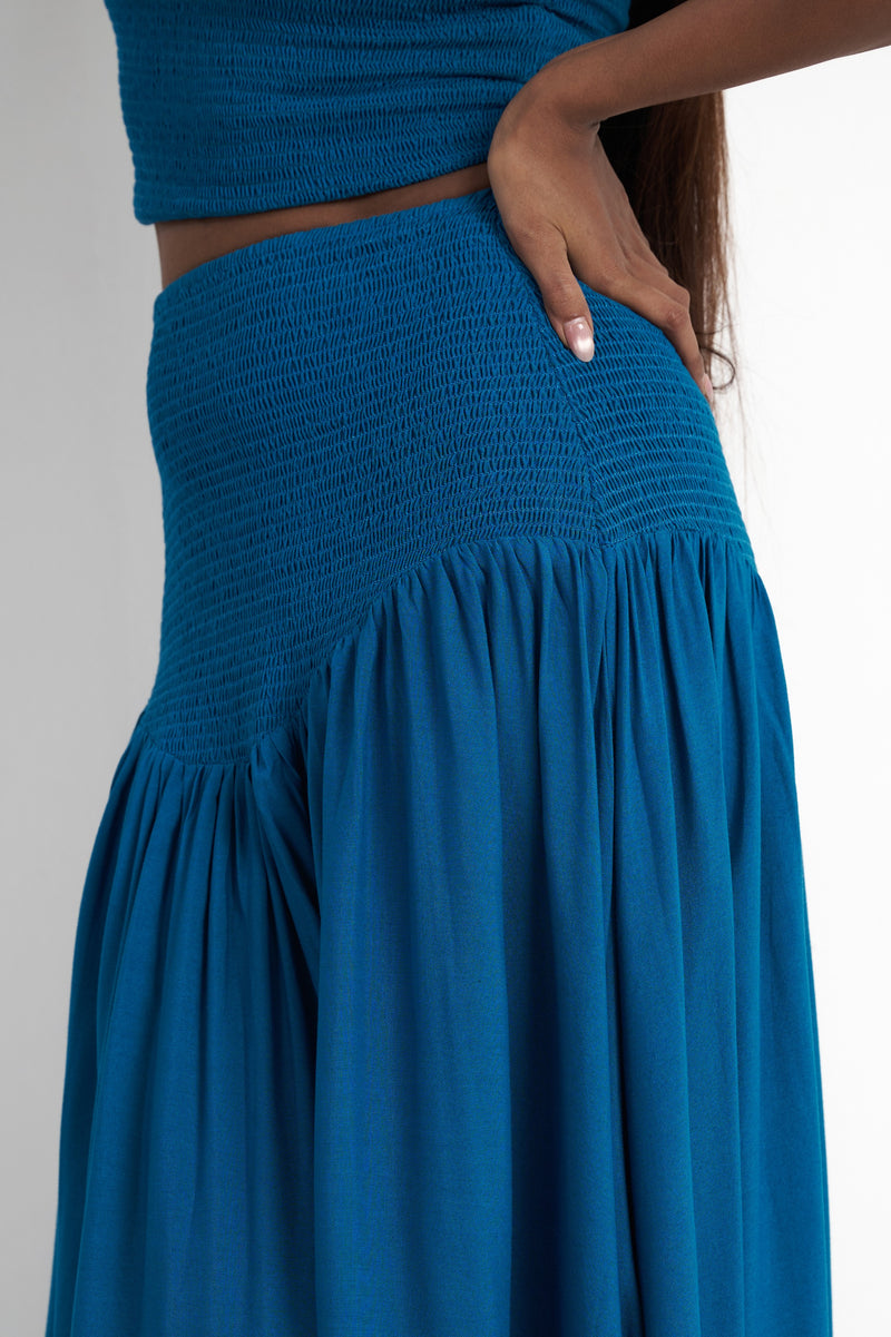 Smocked maxi skirt for women in enamel blue with smocked waist detail