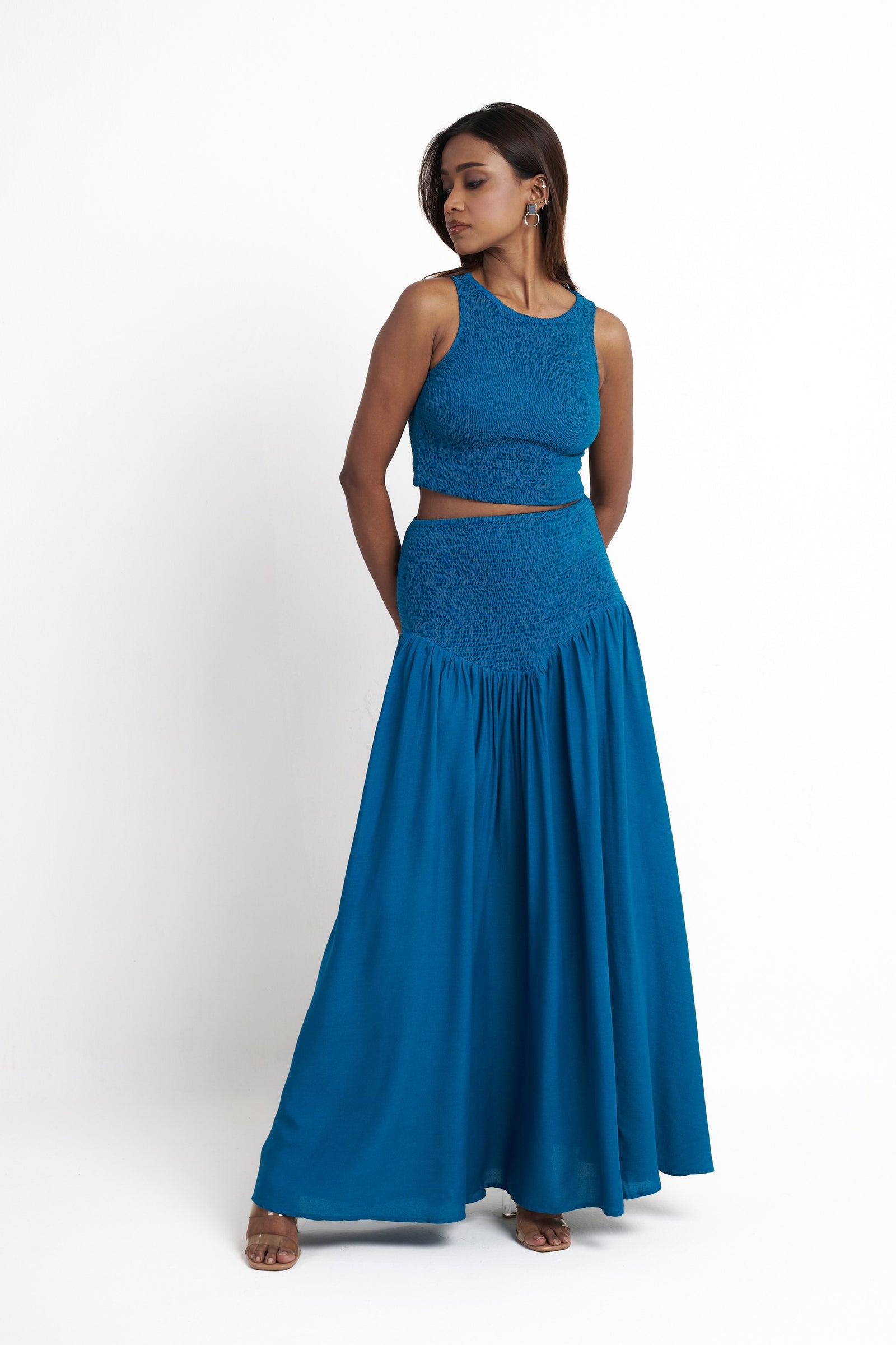 Smocked maxi skirt for women in enamel blue side view