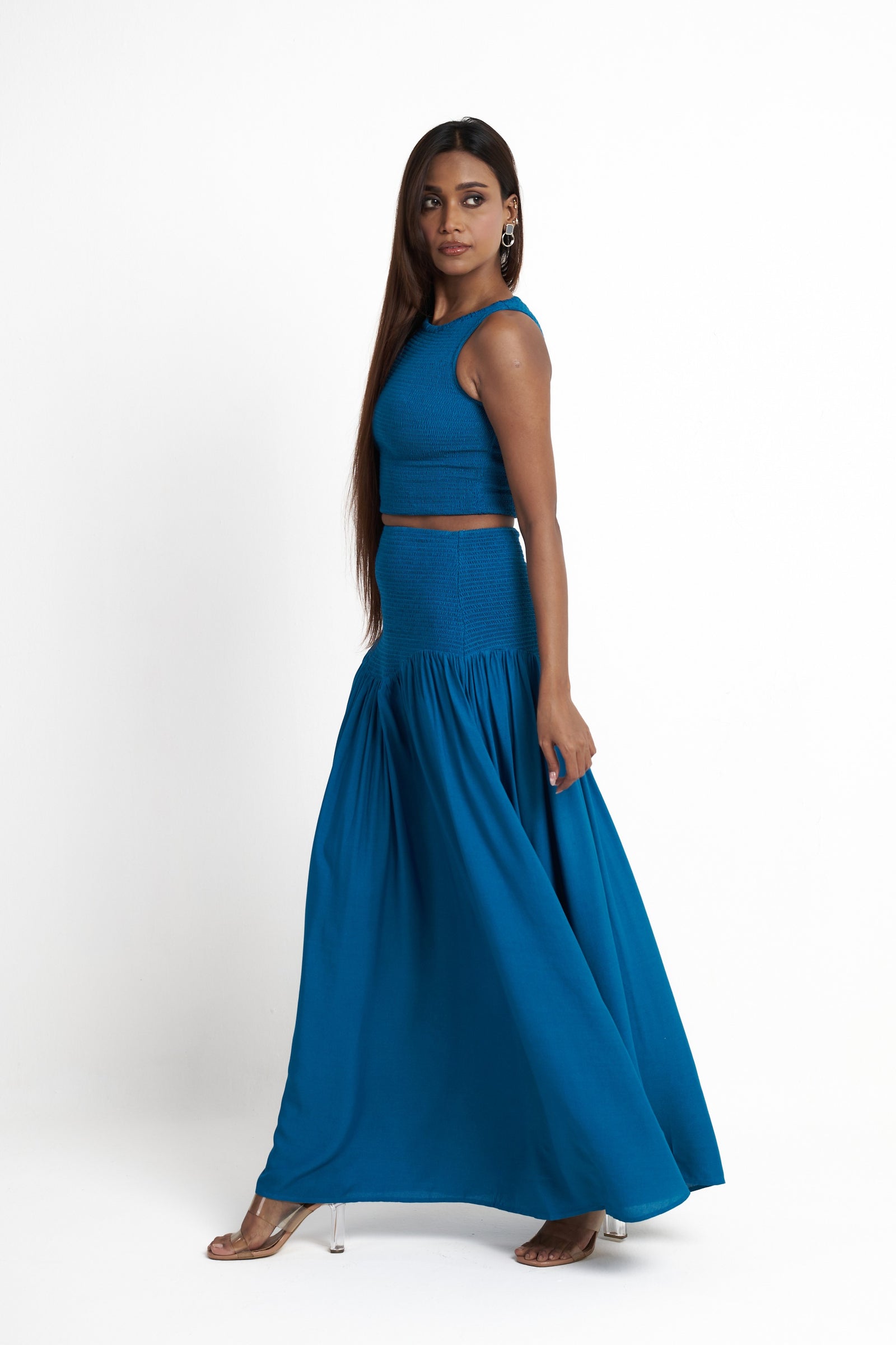 Smocked maxi skirt for women in enamel blue showing full sweep