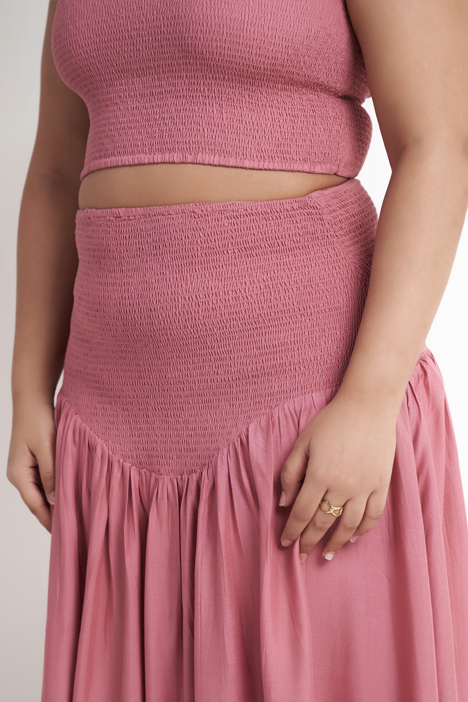 Smocked maxi skirt for women in dusty rose with smocked waist detail