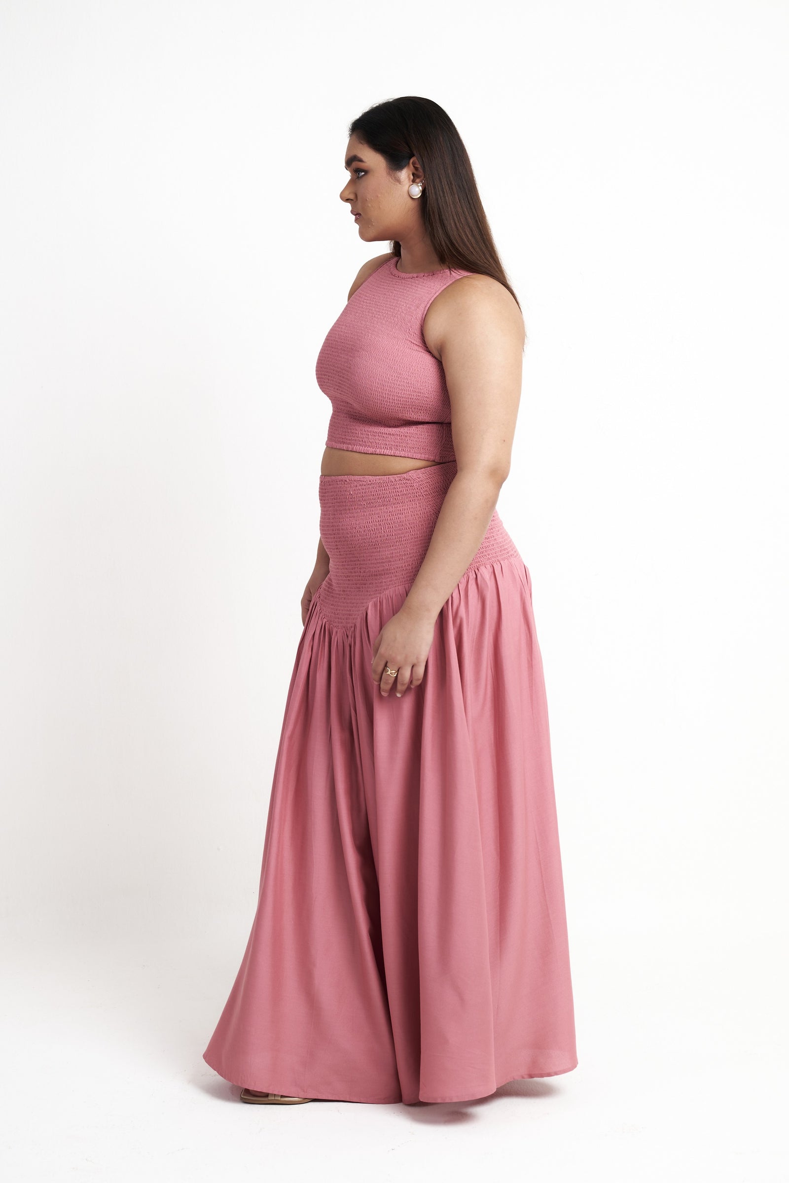 Smocked maxi skirt for women in dusty rose side view