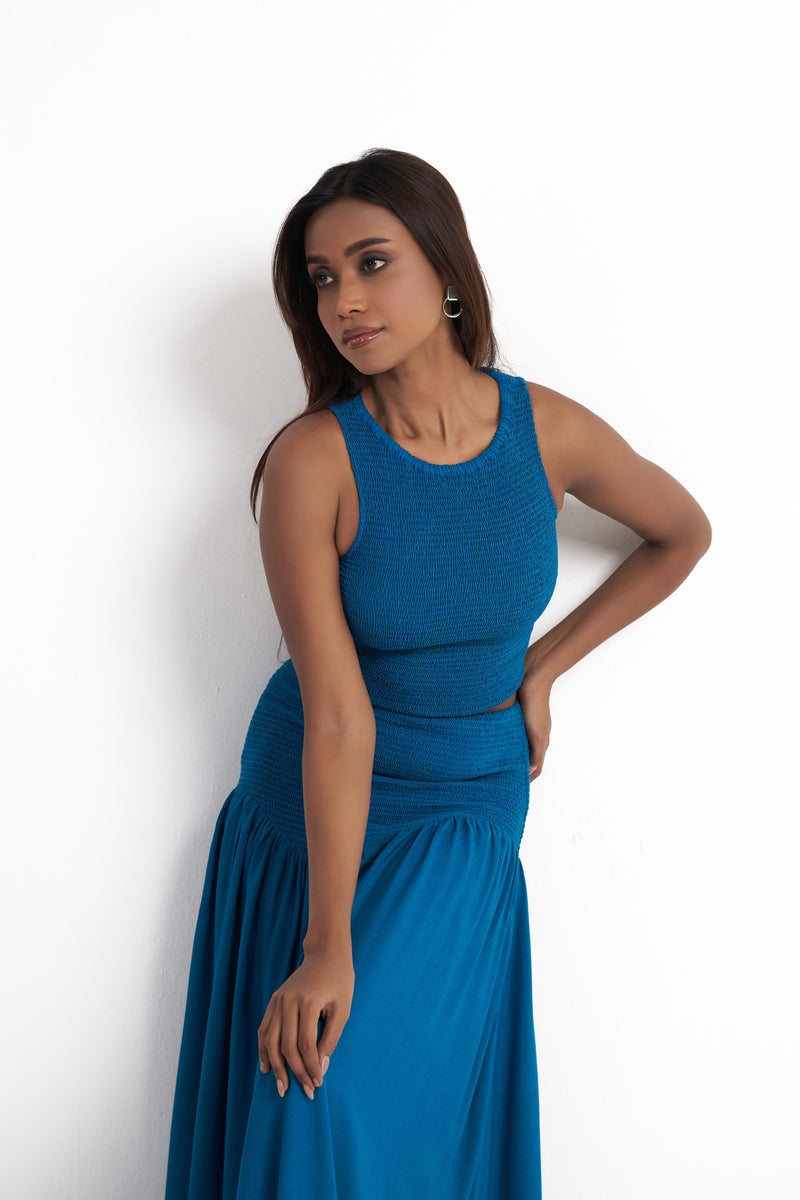 Smocked halter neck crop top for women in enamel blue