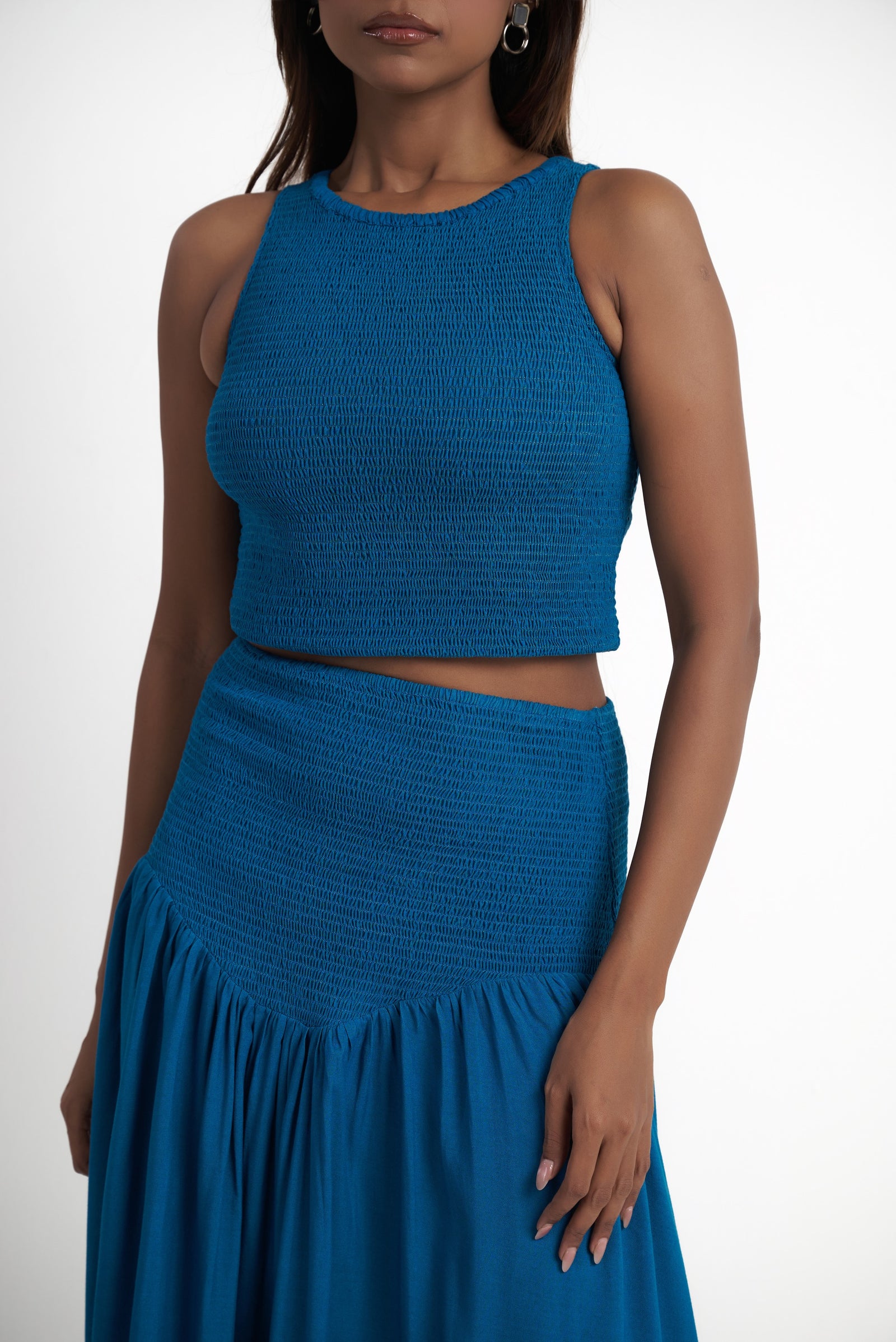 Smocked halter neck crop top for women in enamel blue front detail