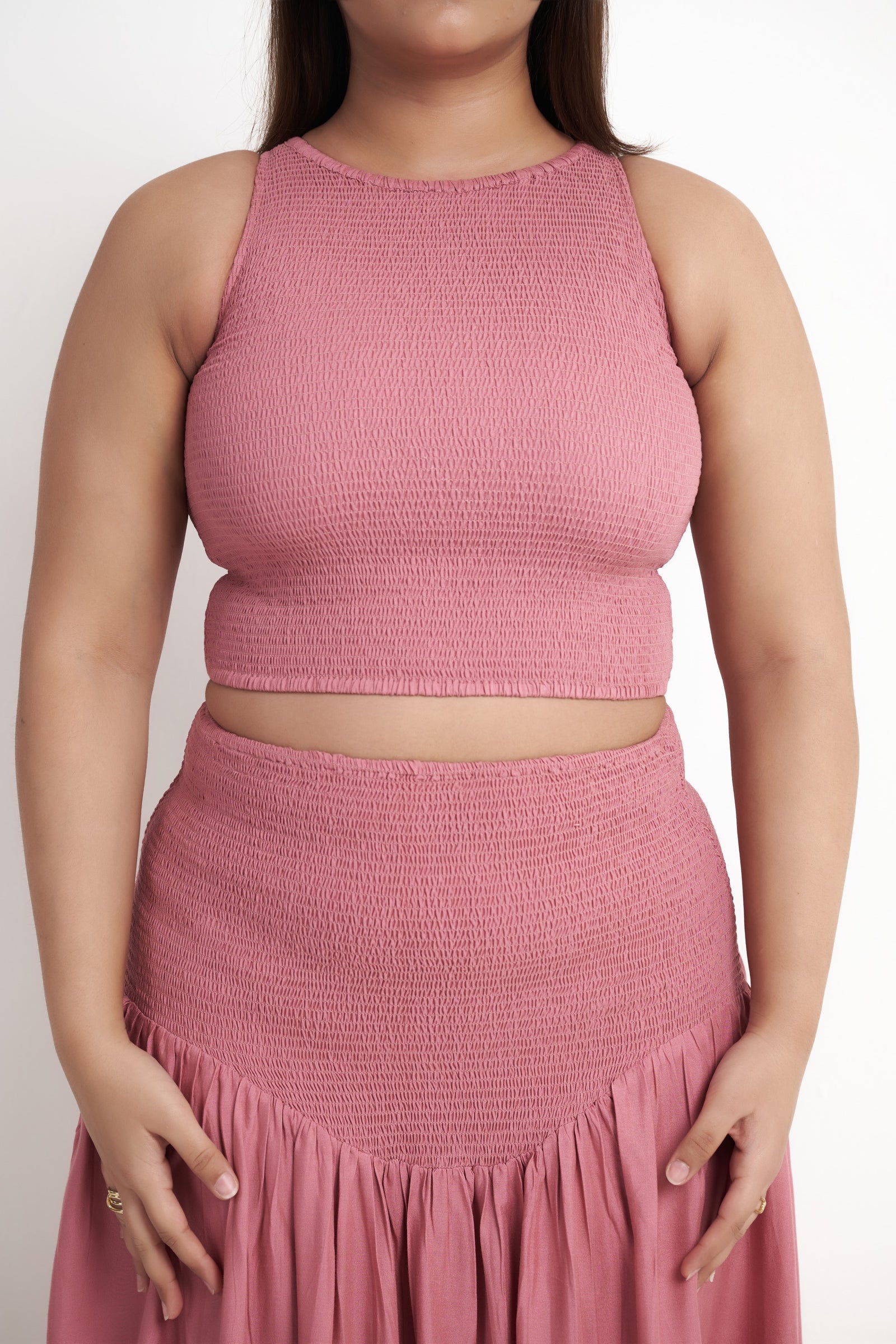 Smocked halter neck crop top for women in dusty rose
