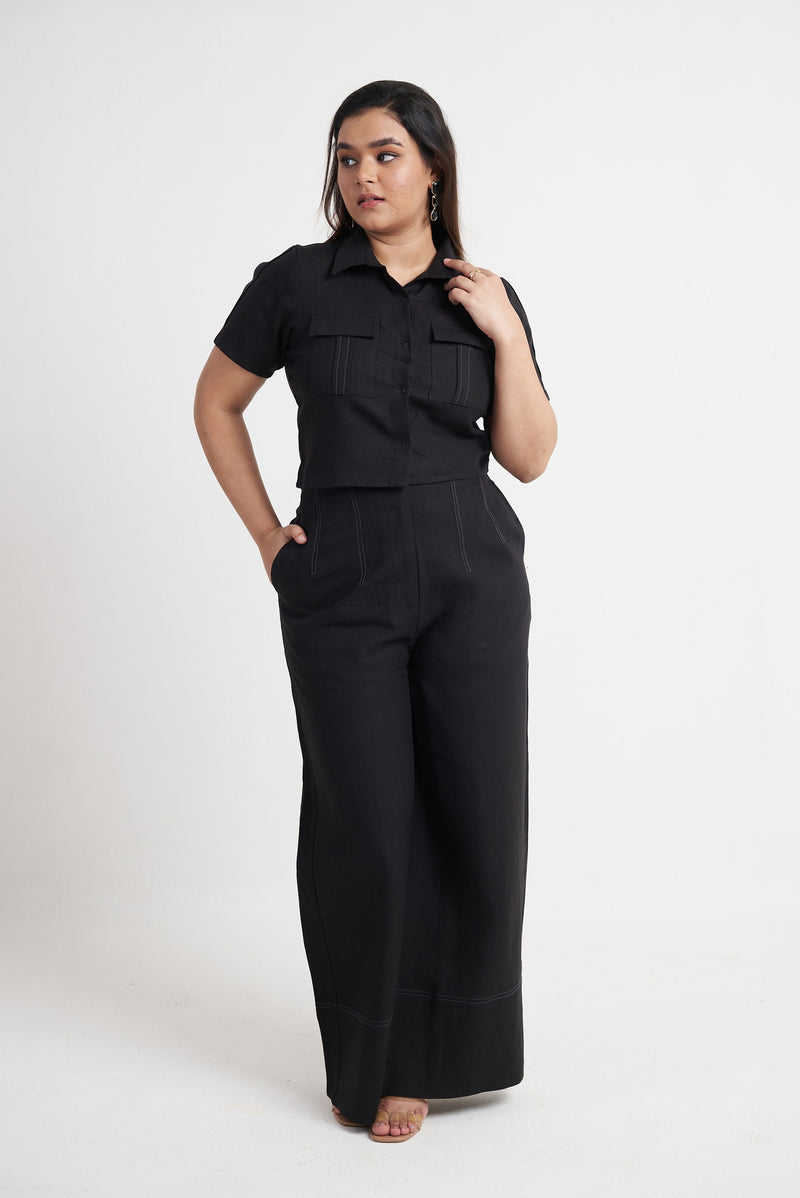 Utility crop shirt and wide leg trouser co-ord set for women in black