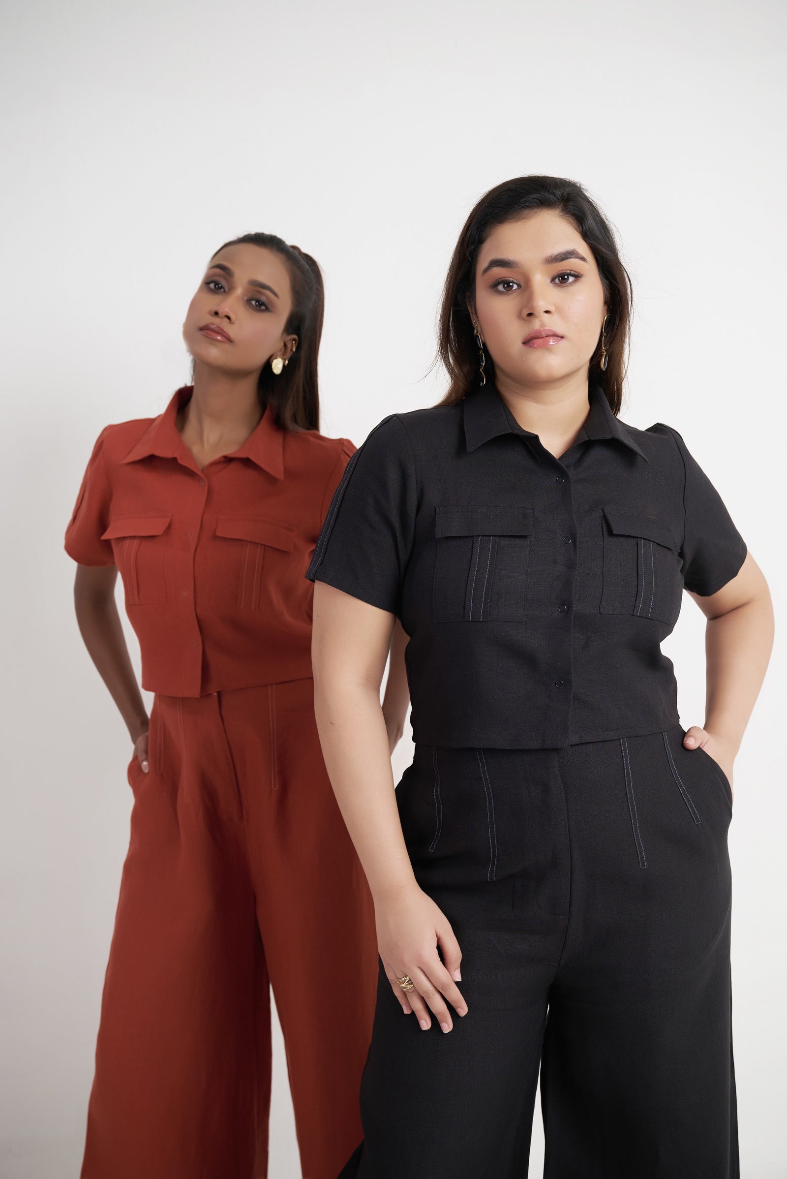 Utility co-ord set for women shown in black and picante