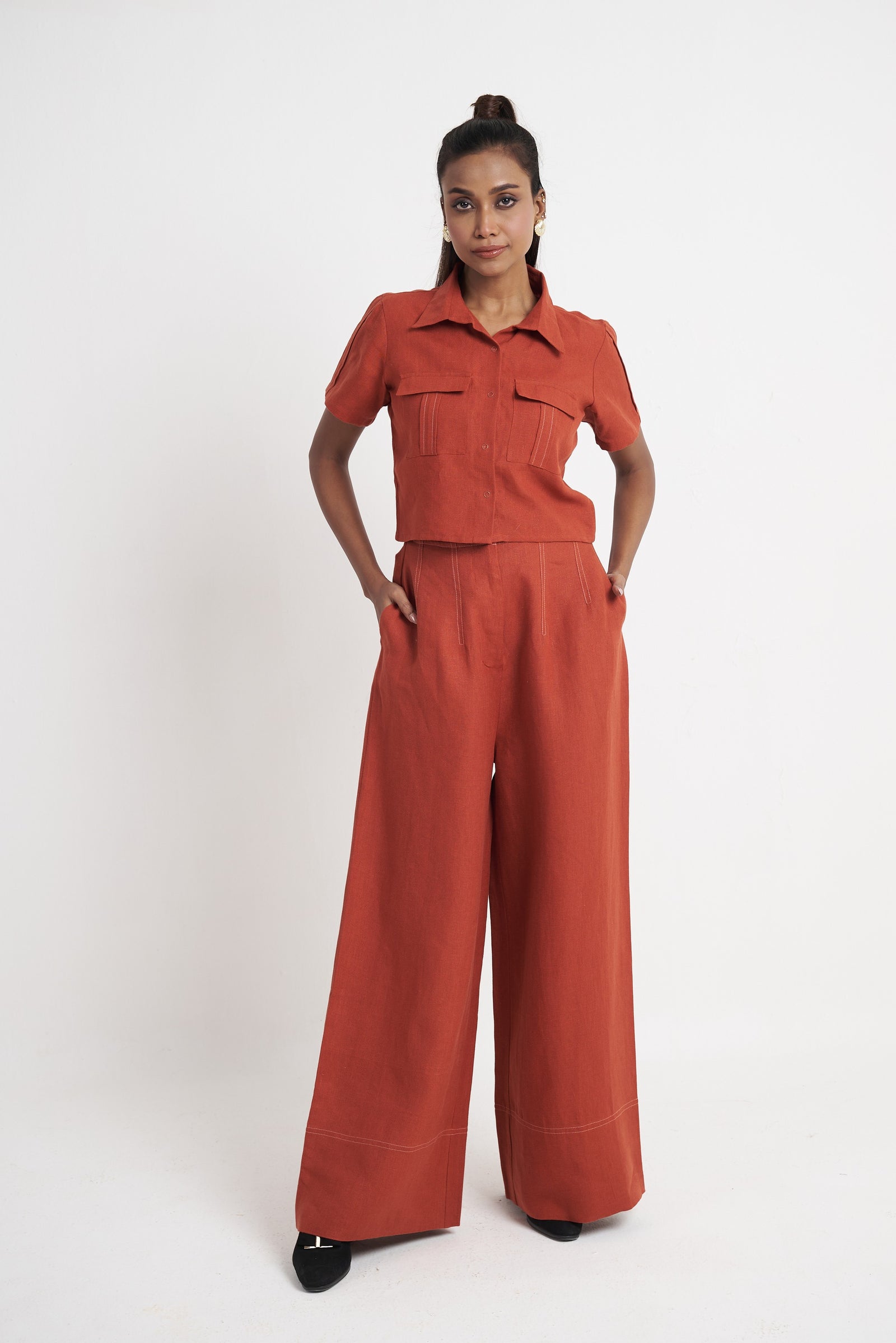 Utility crop shirt and wide leg trouser co-ord set for women in picante