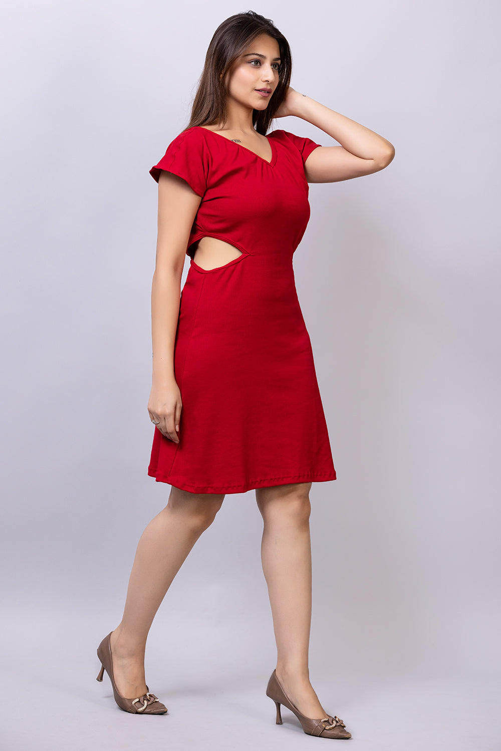 ribbed cut dress#color_candyred