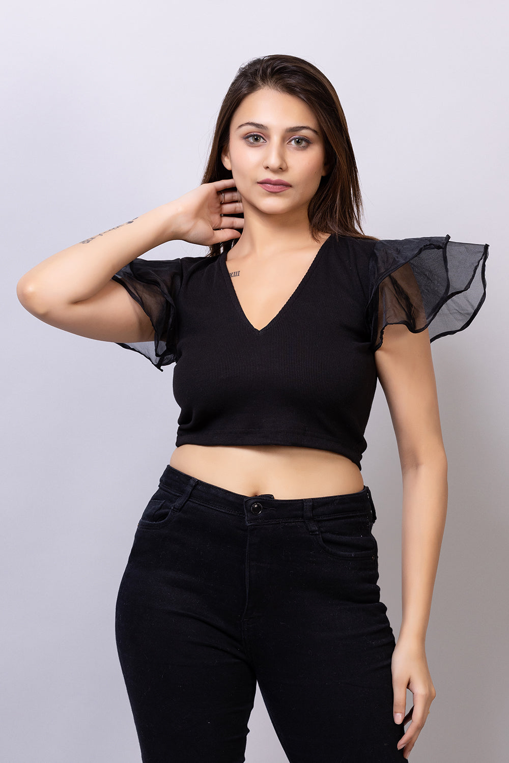 Ribbed Organza Sleeve Top - zykaz