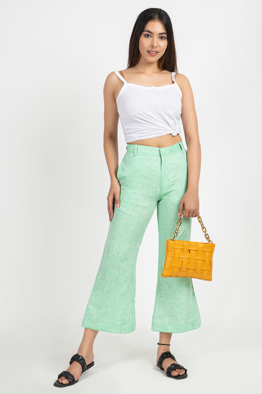 linen cropped bell trouser#color_tendergreen